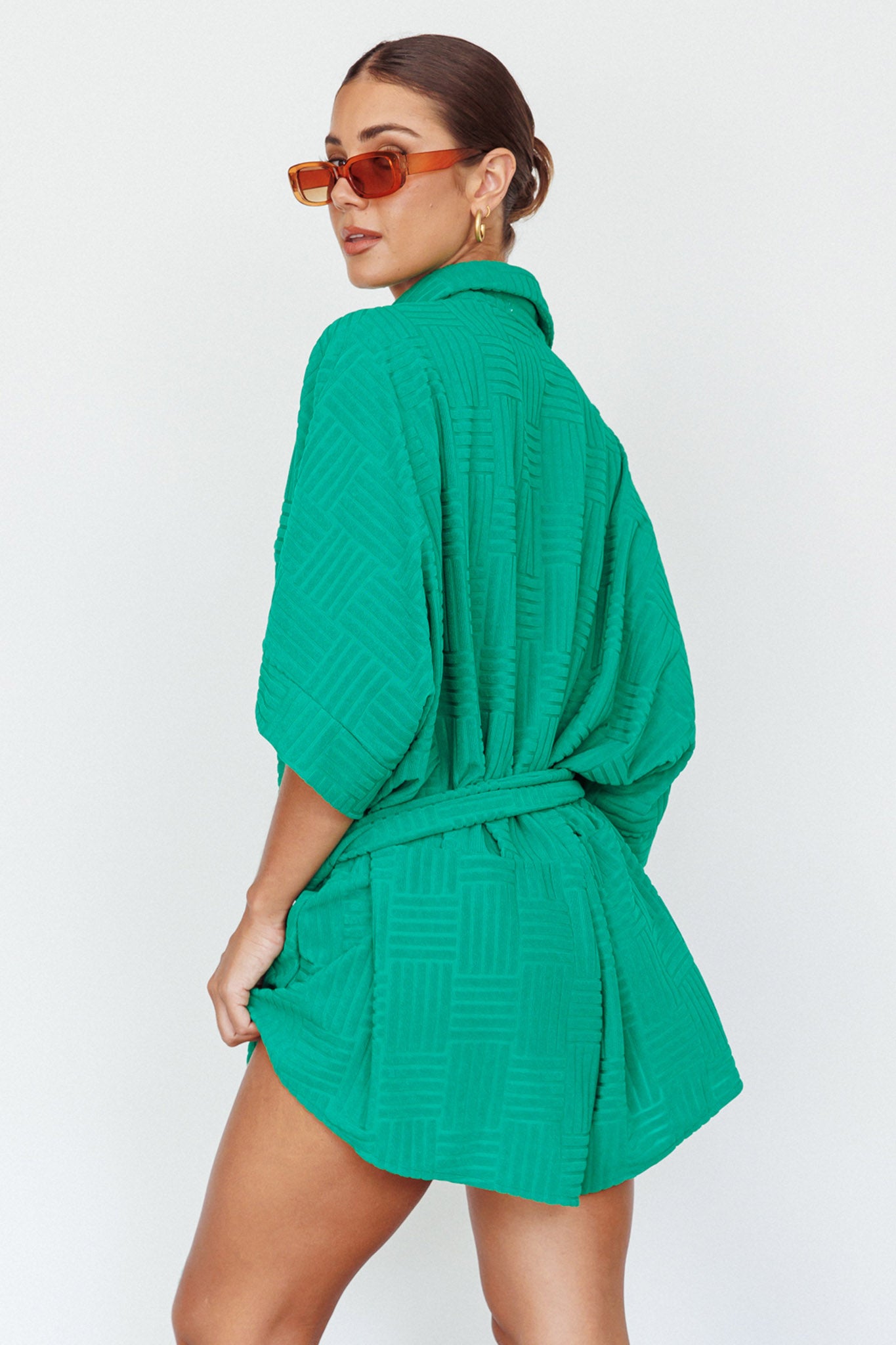 Daytona Beach Button-Up Romper Textured Green by Selfie Leslie Australia