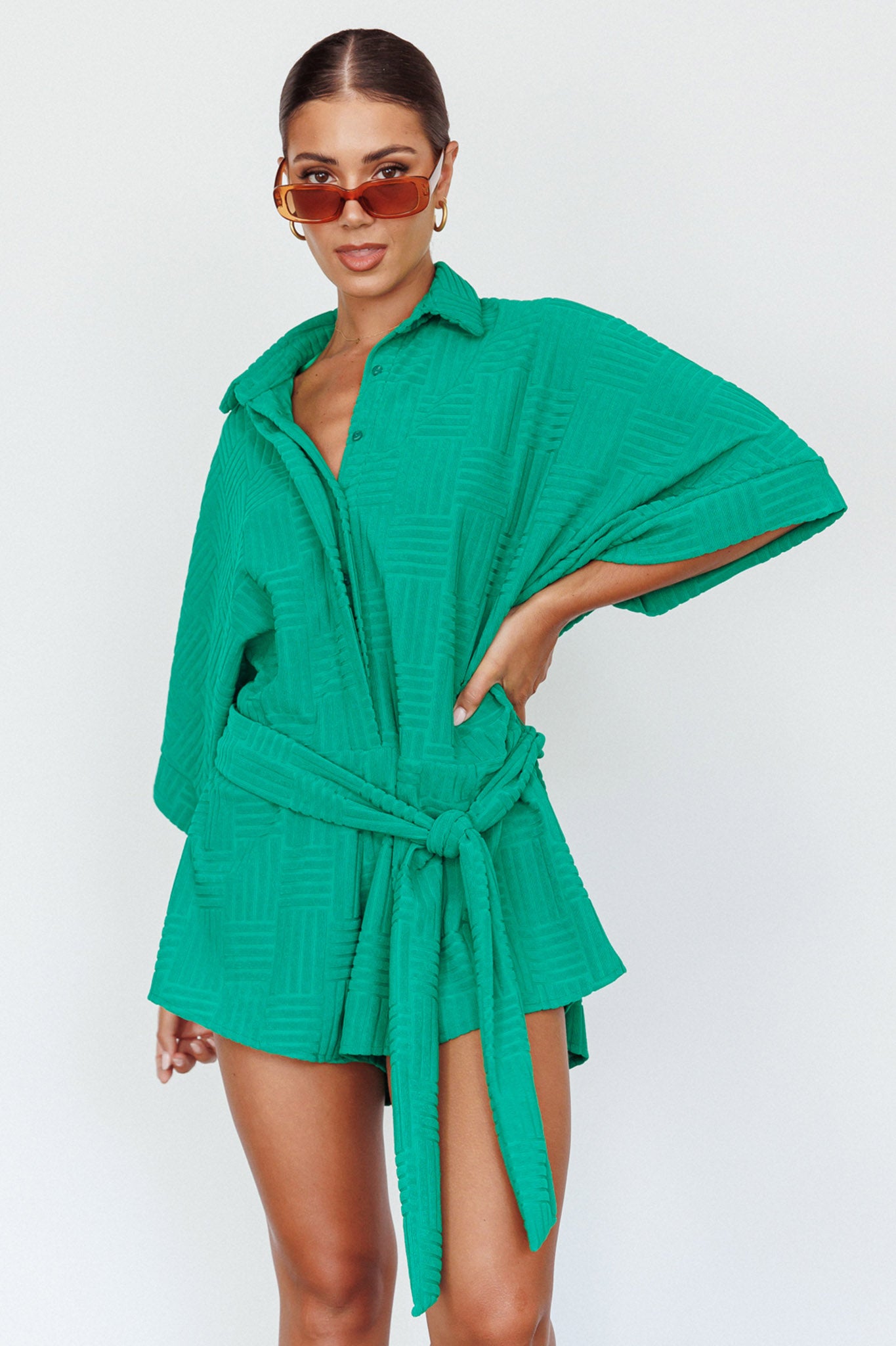 Daytona Beach Button-Up Romper Textured Green by Selfie Leslie Australia