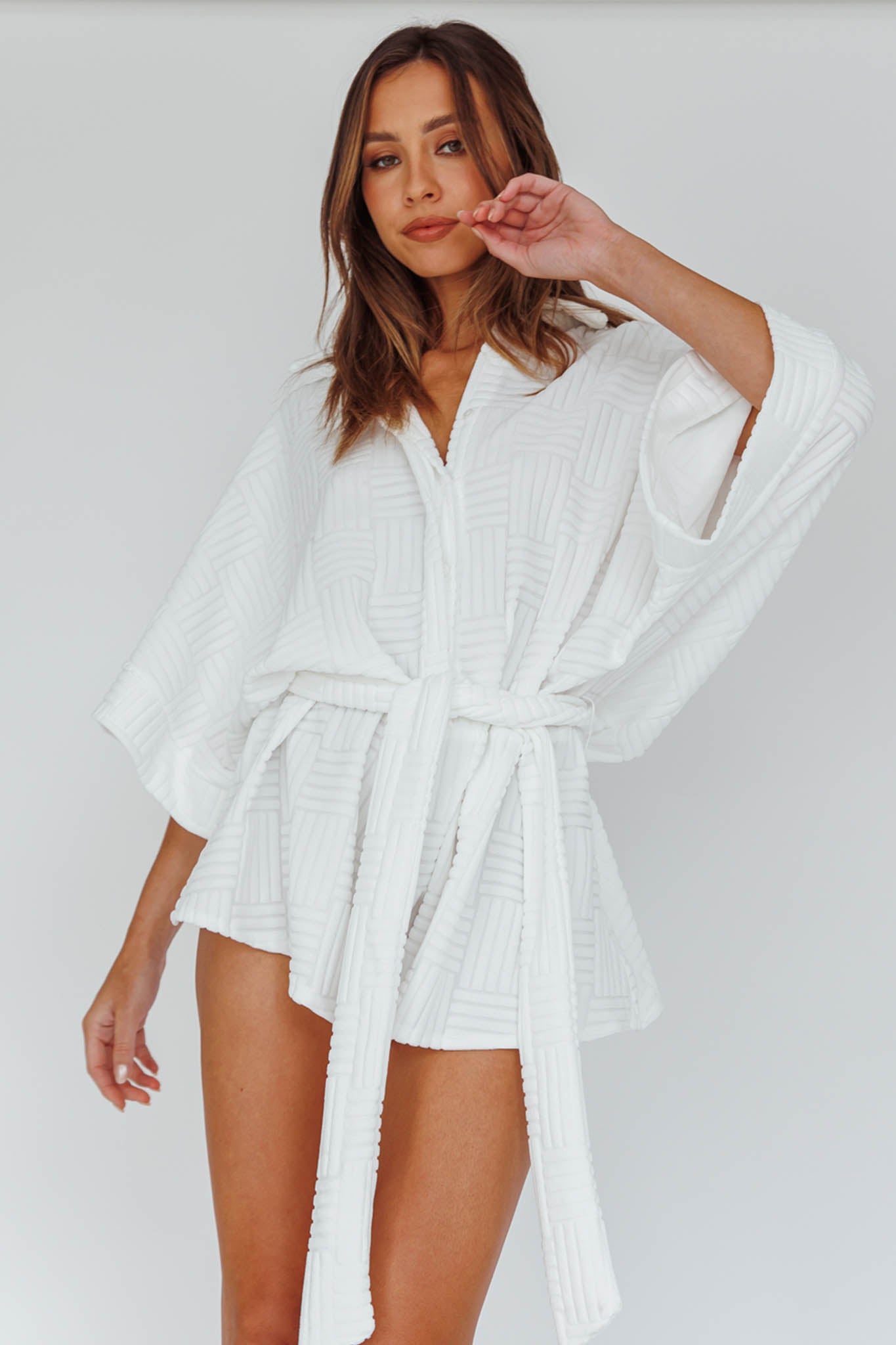 Talking Point Long Sleeve Shirt Romper Textured White by Selfie Leslie Australia