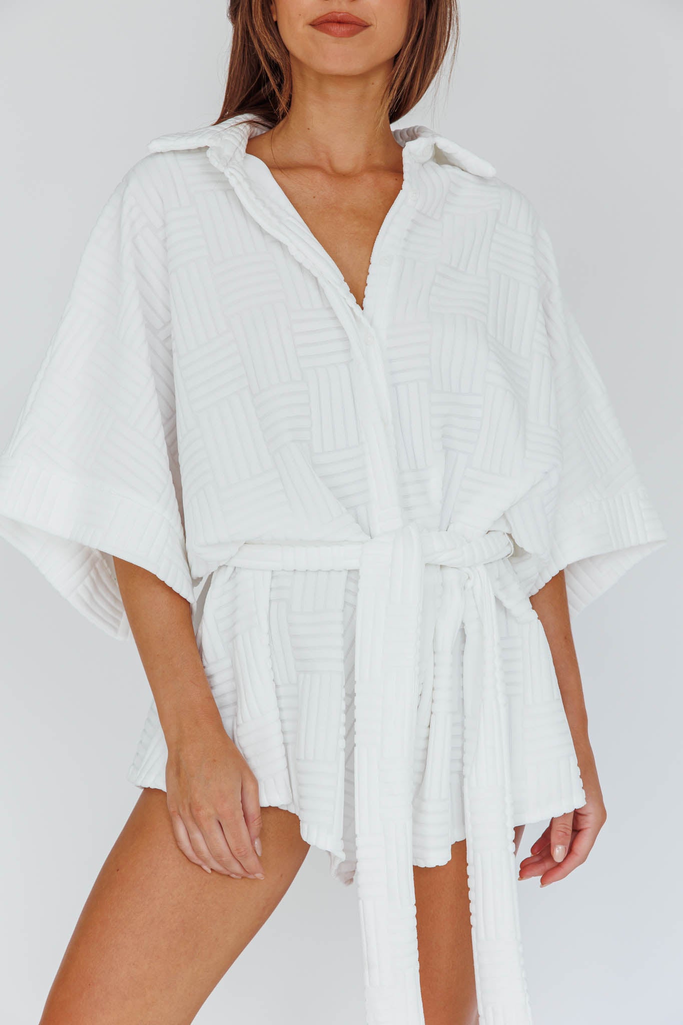 Talking Point Long Sleeve Shirt Romper Textured White by Selfie Leslie Australia