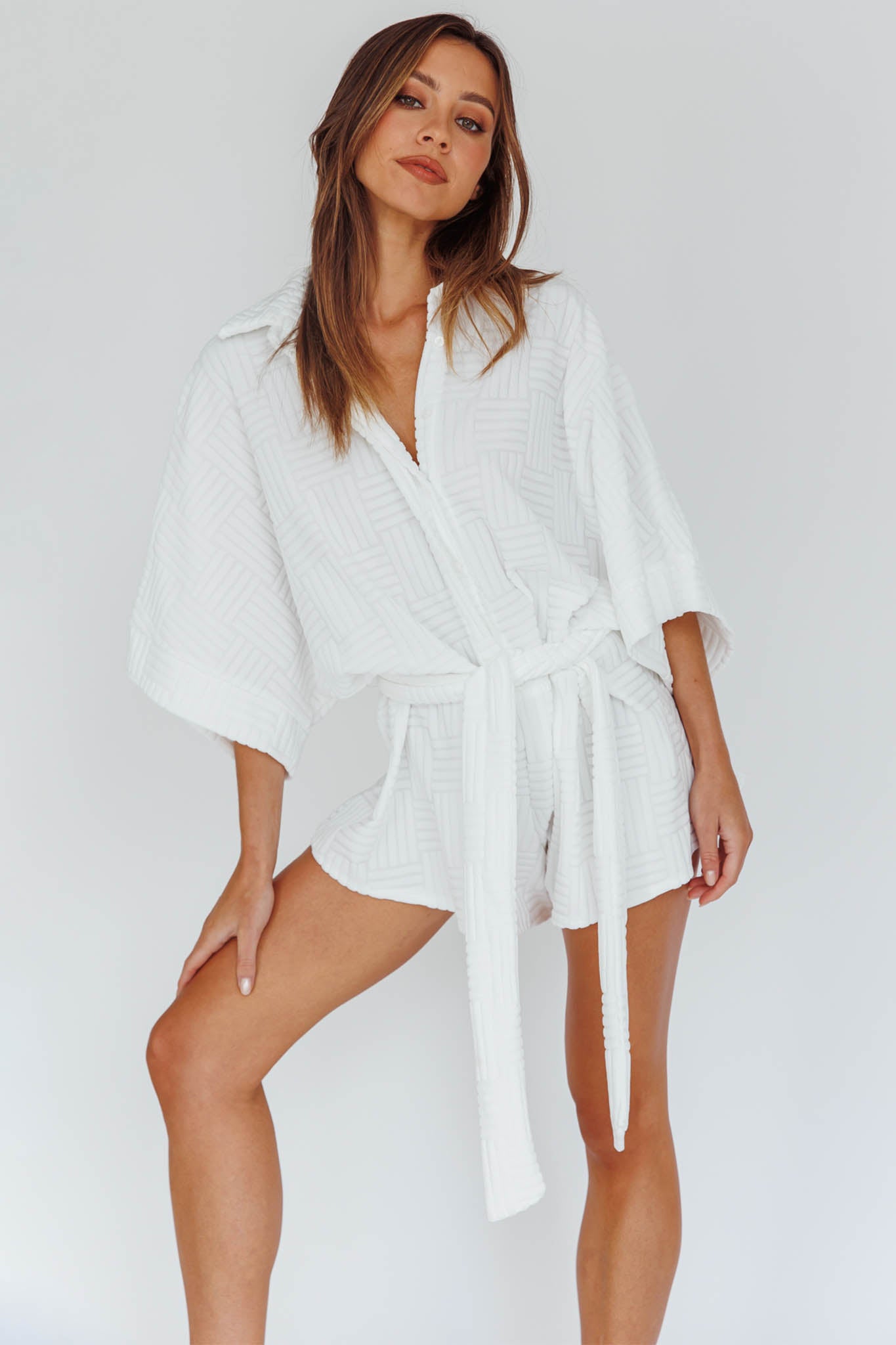 Talking Point Long Sleeve Shirt Romper Textured White by Selfie Leslie Australia