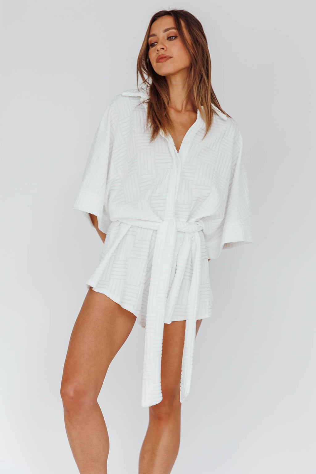 Talking Point Long Sleeve Shirt Romper Textured White by Selfie Leslie Australia