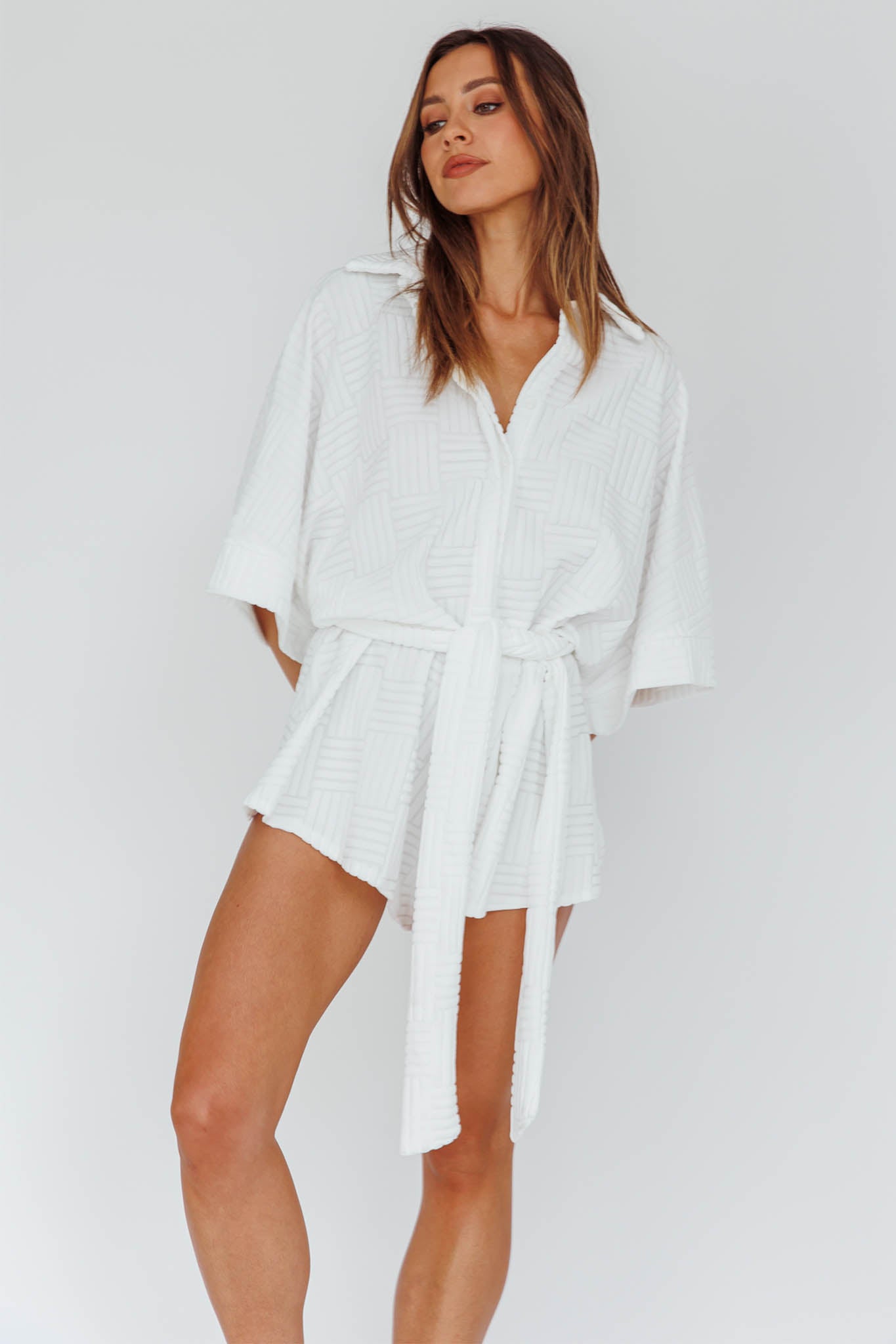 Talking Point Long Sleeve Shirt Romper Textured White by Selfie Leslie Australia