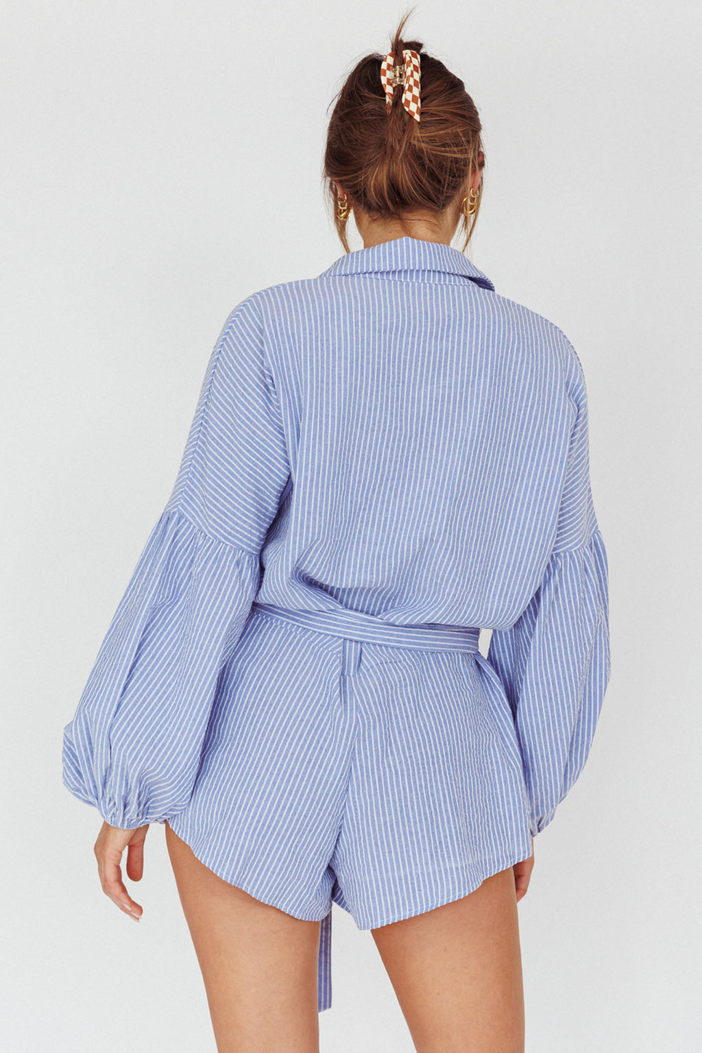 Daytona Beach Long Sleeve Shirt Romper Blue Stripe by Selfie Leslie Australia