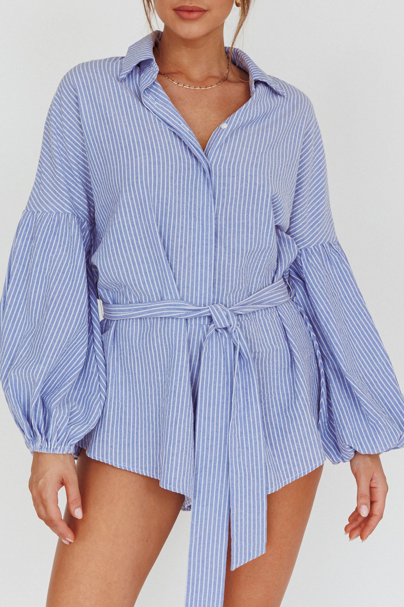 Daytona Beach Long Sleeve Shirt Romper Blue Stripe by Selfie Leslie Australia