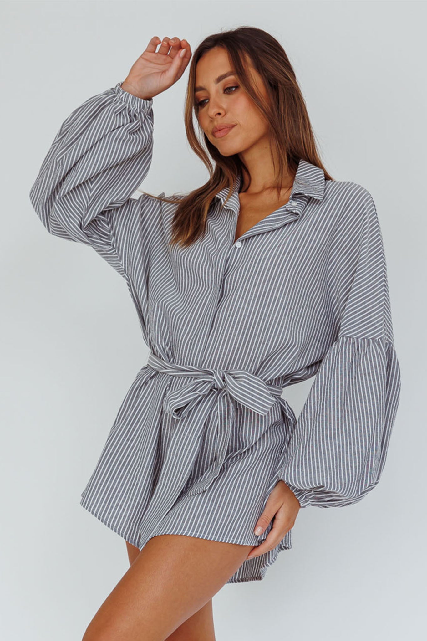 Talking Point Long Sleeve Shirt Romper Pinstripe by Selfie Leslie Australia