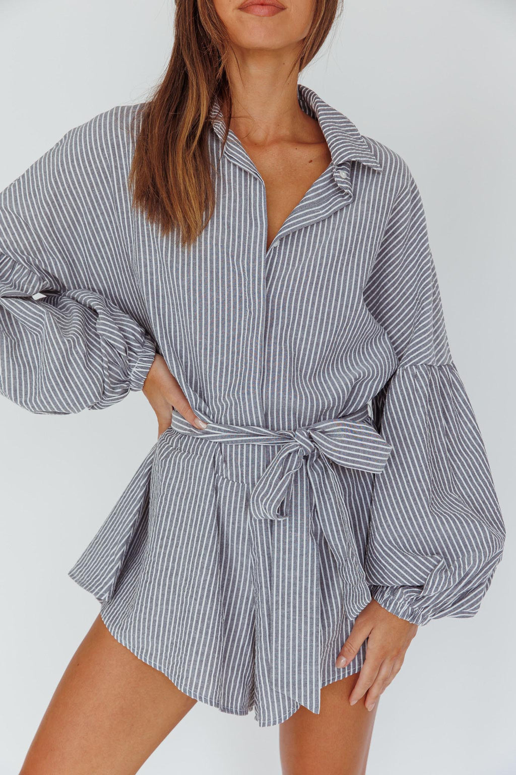Talking Point Long Sleeve Shirt Romper Pinstripe by Selfie Leslie Australia