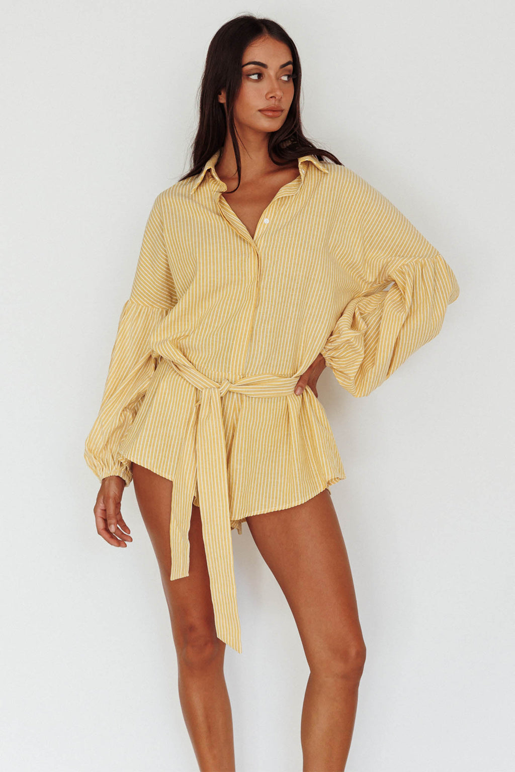 Talking Point Long Sleeve Shirt Romper Yellow Stripe by Selfie Leslie Australia
