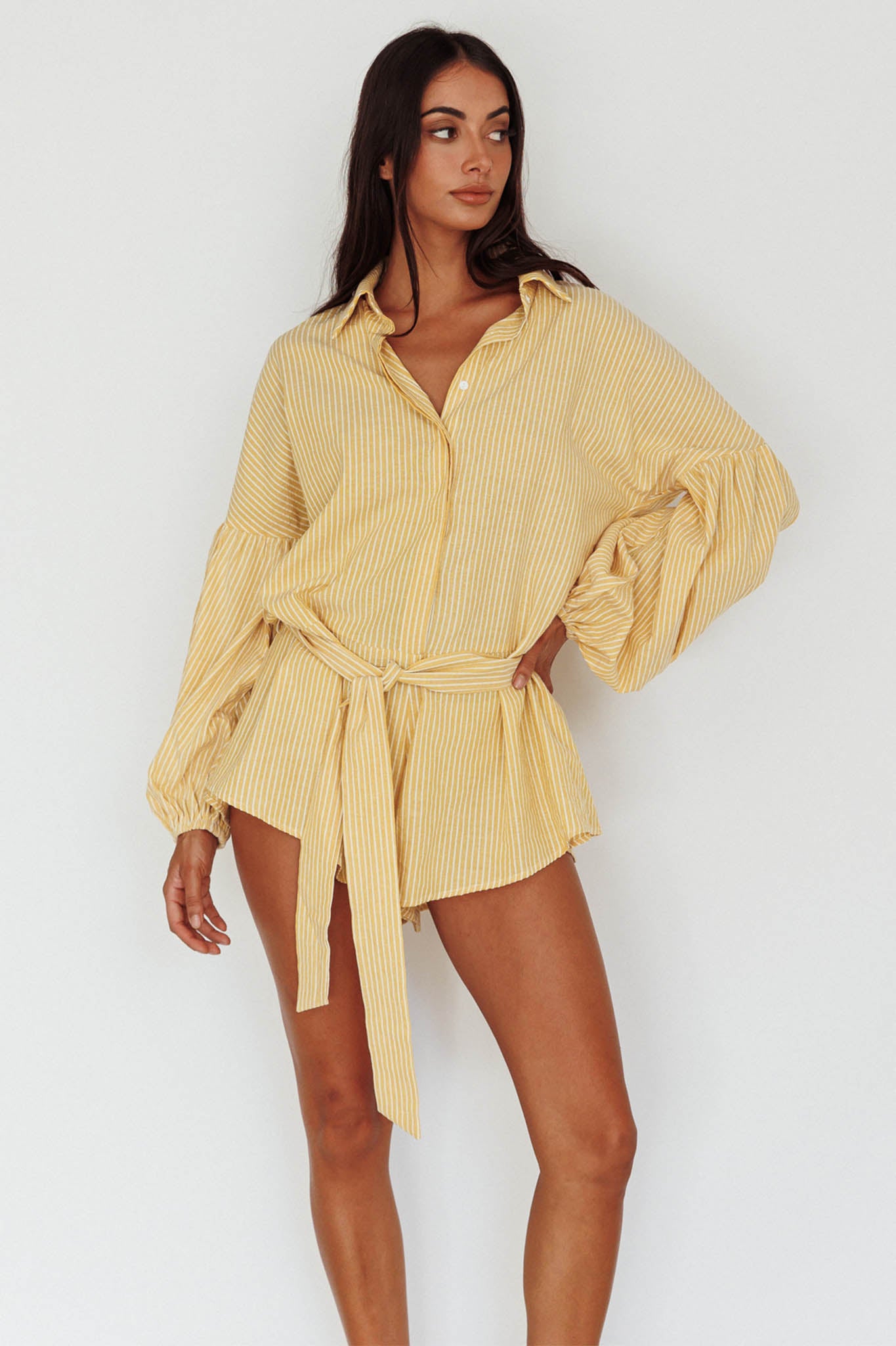 Talking Point Long Sleeve Shirt Romper Yellow Stripe by Selfie Leslie Australia
