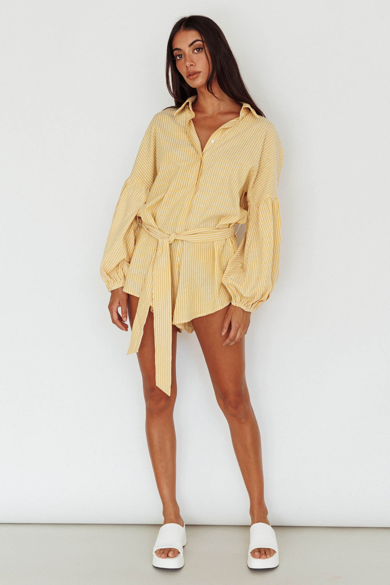 Talking Point Long Sleeve Shirt Romper Yellow Stripe by Selfie Leslie Australia