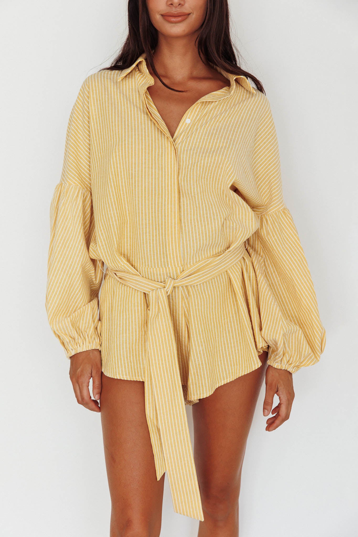 Talking Point Long Sleeve Shirt Romper Yellow Stripe by Selfie Leslie Australia