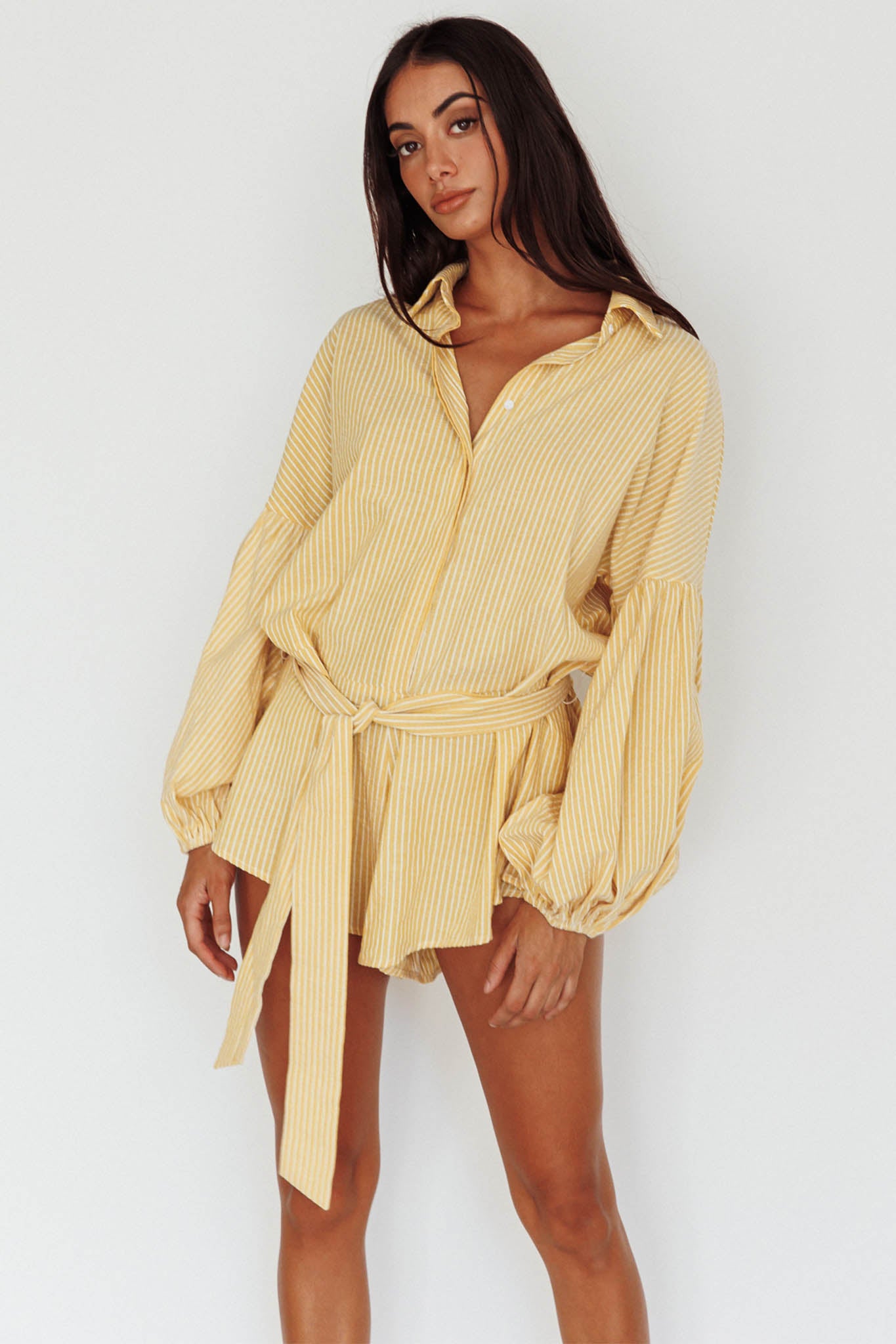 Talking Point Long Sleeve Shirt Romper Yellow Stripe by Selfie Leslie Australia