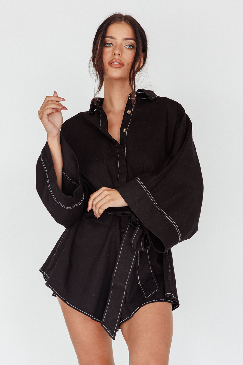 Talking Point Long Sleeve Shirt Romper Black by Selfie Leslie Australia