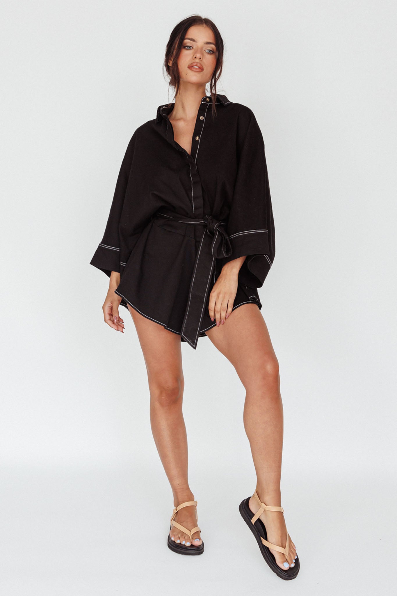 Talking Point Long Sleeve Shirt Romper Black by Selfie Leslie Australia