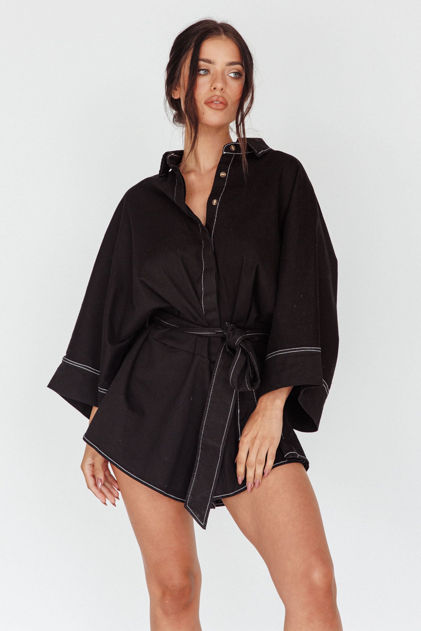 Talking Point Long Sleeve Shirt Romper Black by Selfie Leslie Australia