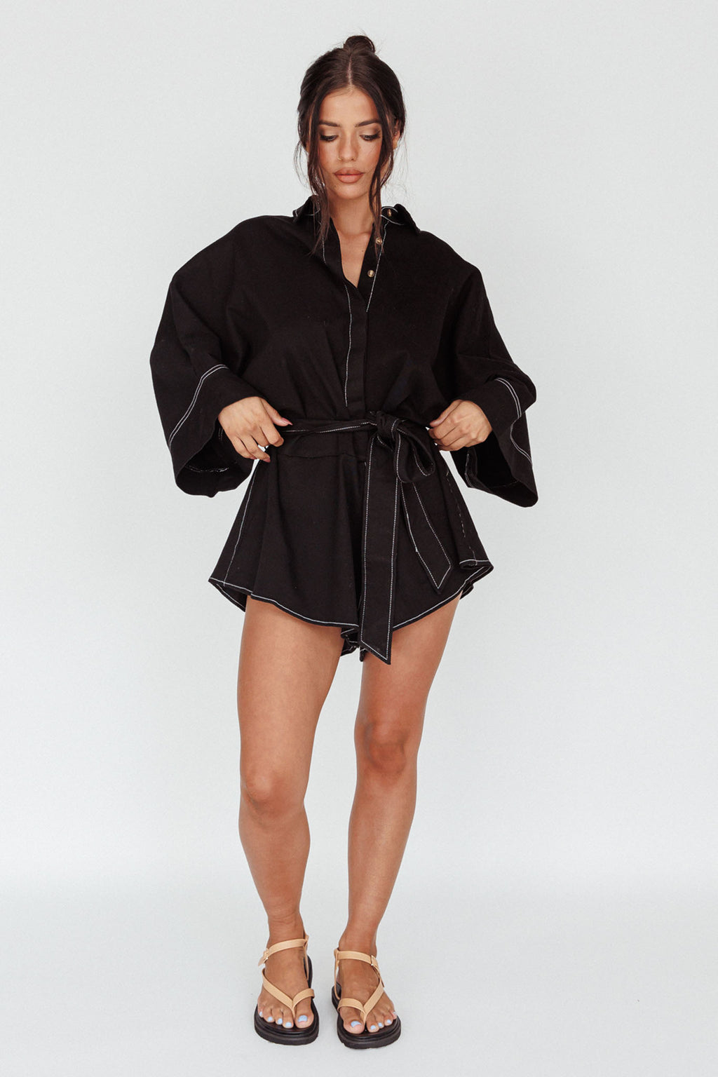 Talking Point Long Sleeve Shirt Romper Black by Selfie Leslie Australia