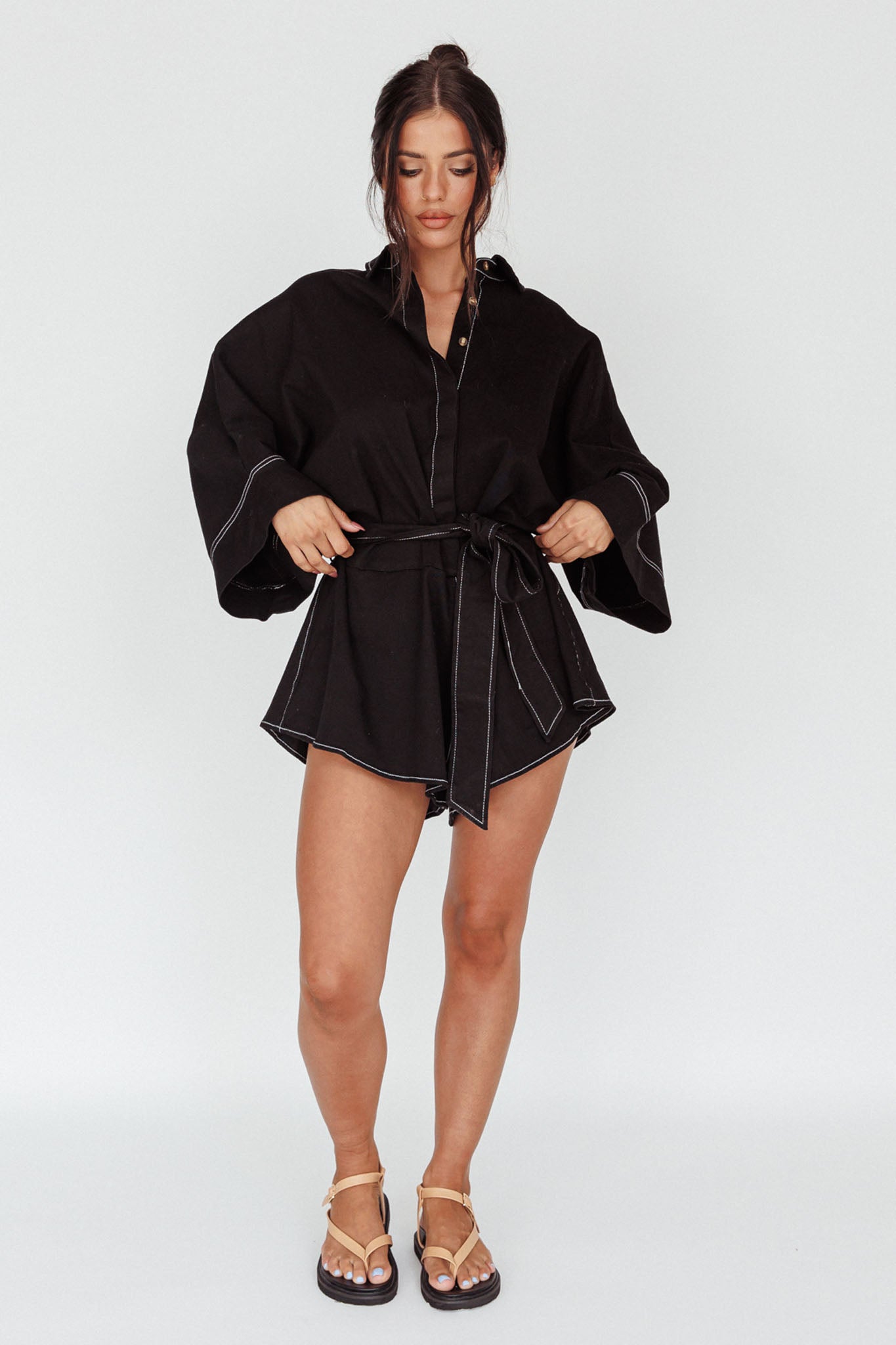 Talking Point Long Sleeve Shirt Romper Black by Selfie Leslie Australia