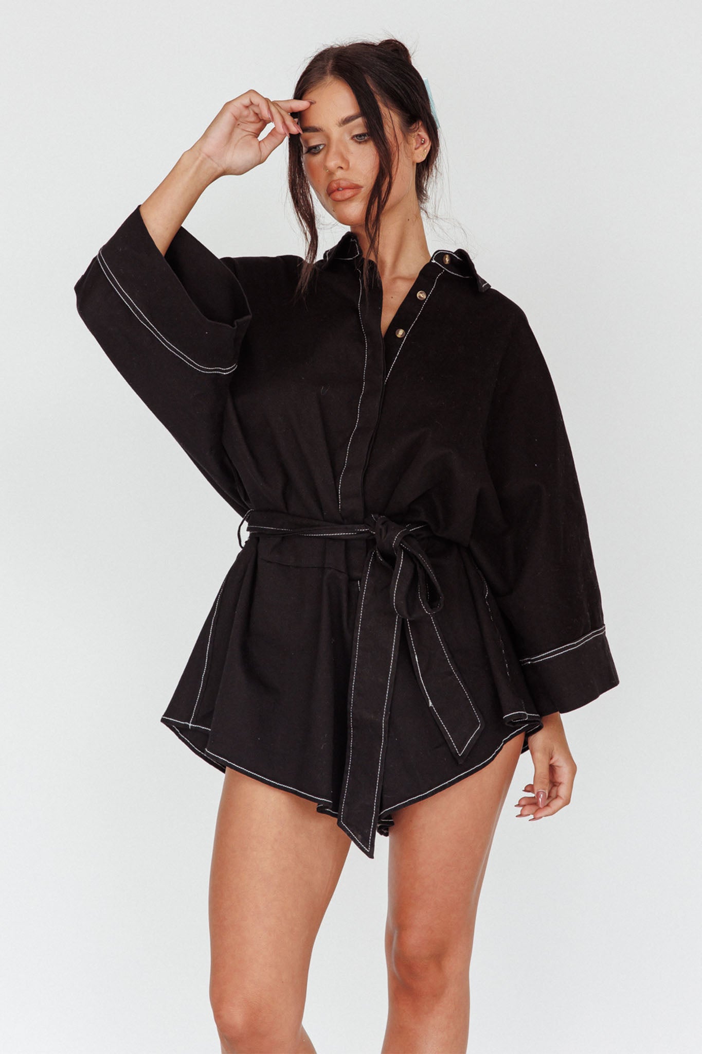 Talking Point Long Sleeve Shirt Romper Black by Selfie Leslie Australia