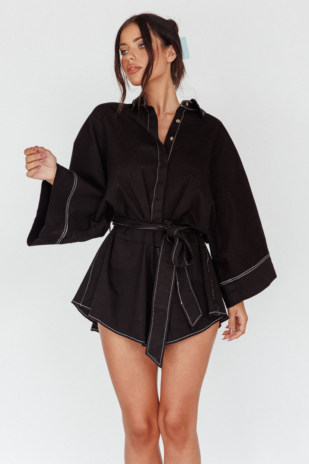 Talking Point Long Sleeve Shirt Romper Black by Selfie Leslie Australia