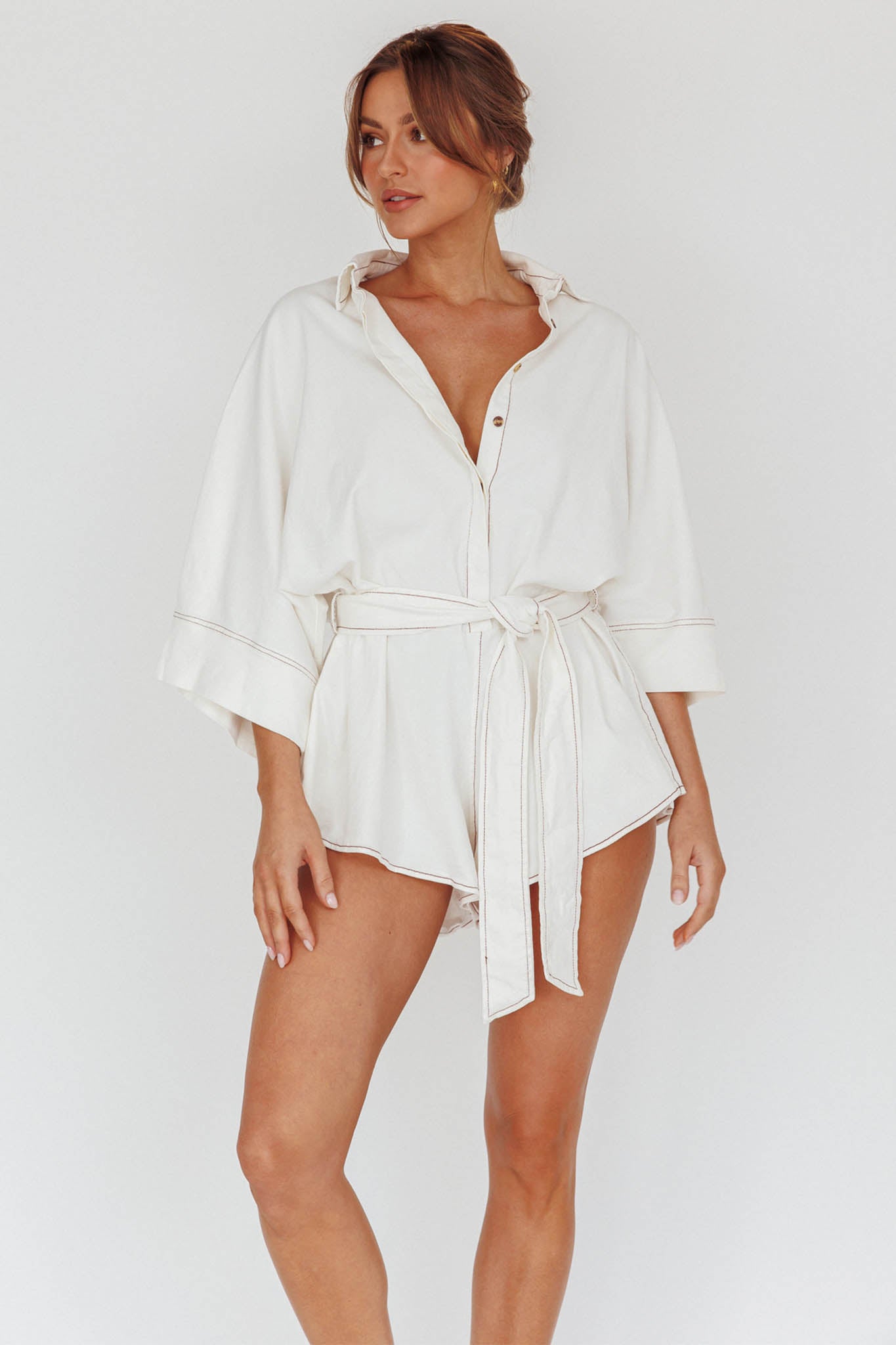 Talking Point Long Sleeve Shirt Romper White by Selfie Leslie Australia