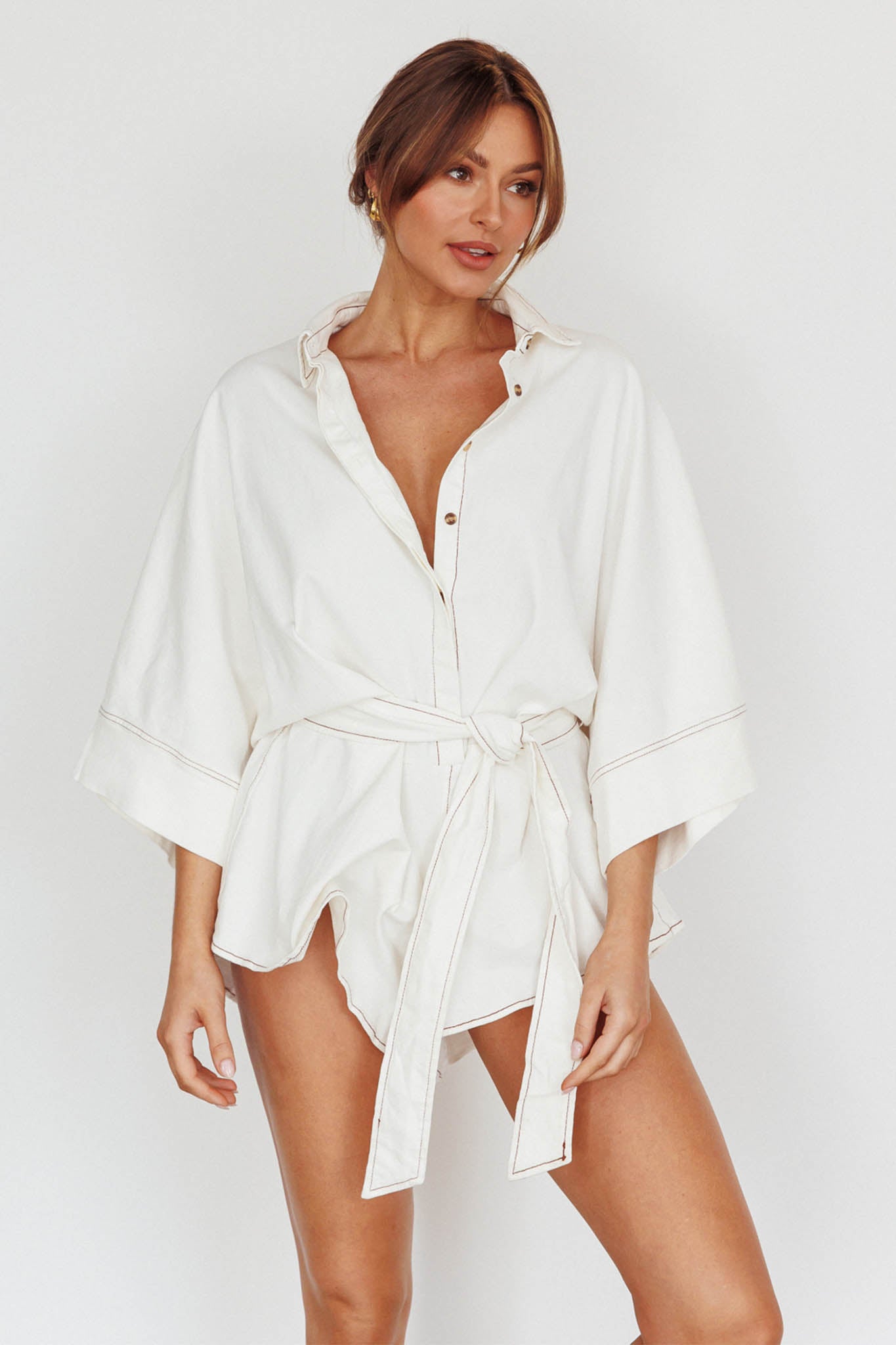 Talking Point Long Sleeve Shirt Romper White by Selfie Leslie Australia