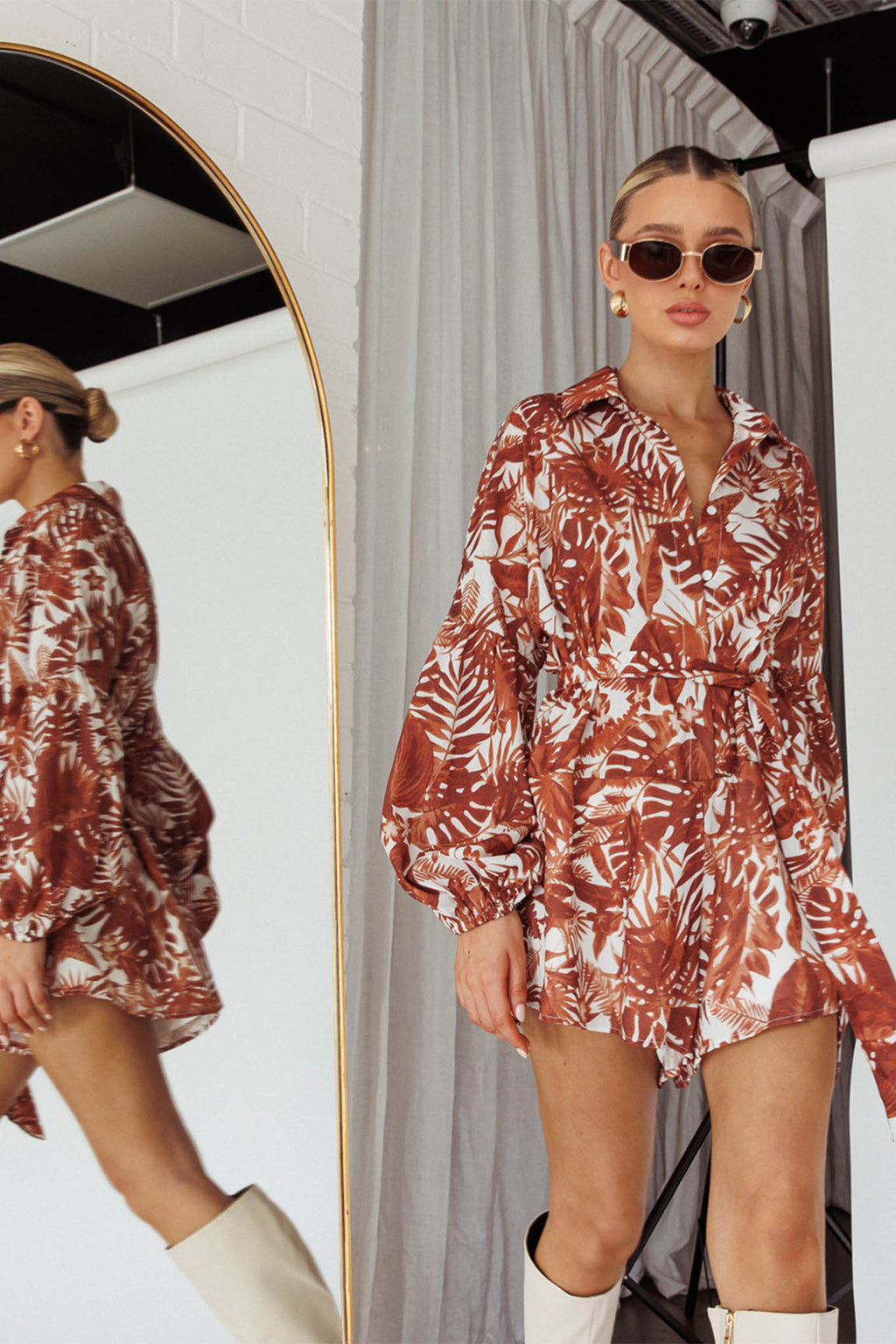 Talking Point Long Sleeve Shirt Romper Leaves Brown by Selfie Leslie Australia
