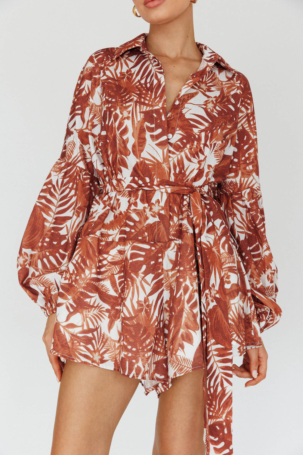 Talking Point Long Sleeve Shirt Romper Leaves Brown by Selfie Leslie Australia
