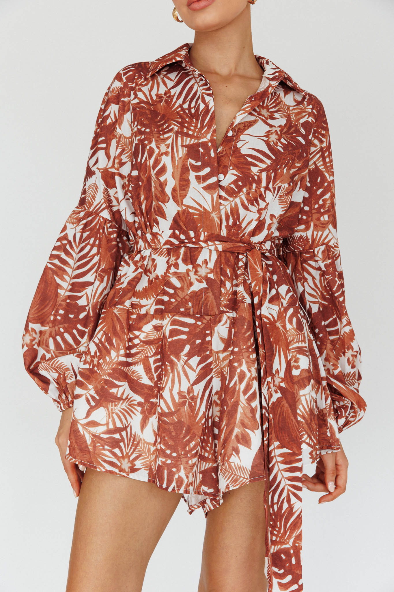 Talking Point Long Sleeve Shirt Romper Leaves Brown by Selfie Leslie Australia
