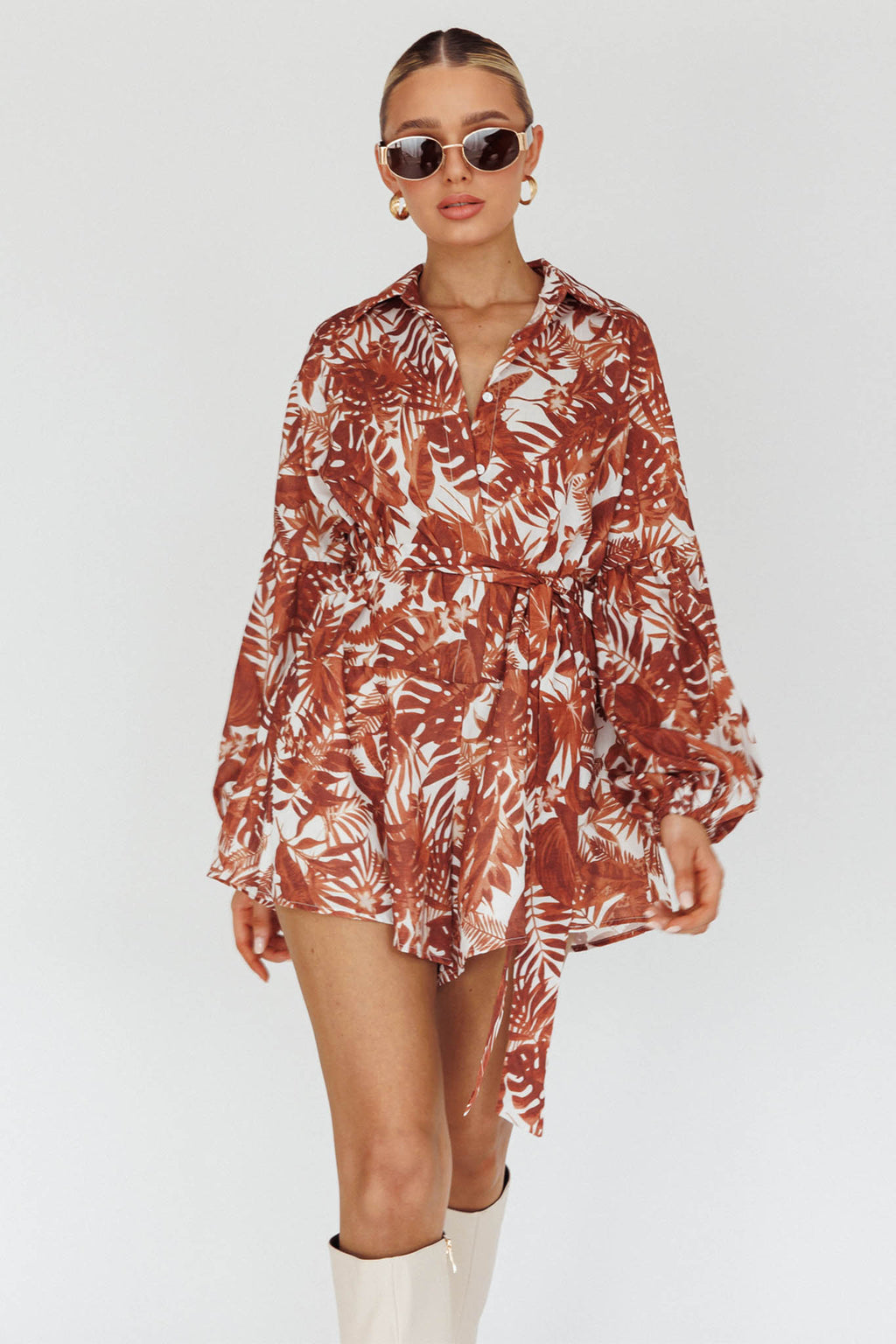 Talking Point Long Sleeve Shirt Romper Leaves Brown by Selfie Leslie Australia