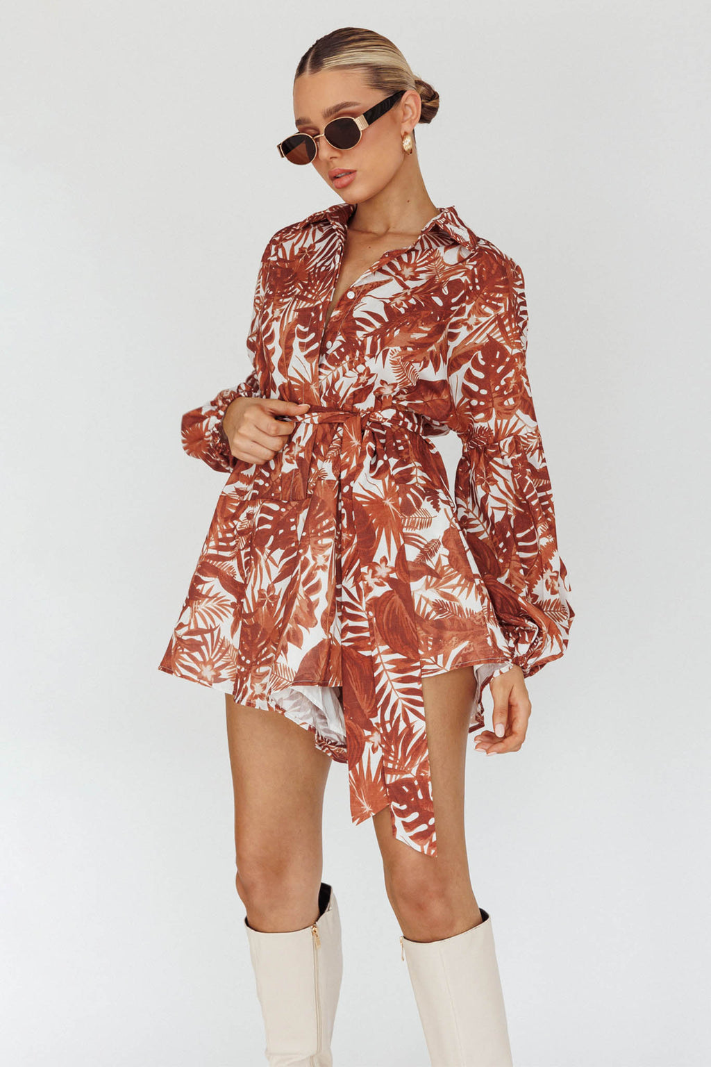 Talking Point Long Sleeve Shirt Romper Leaves Brown by Selfie Leslie Australia