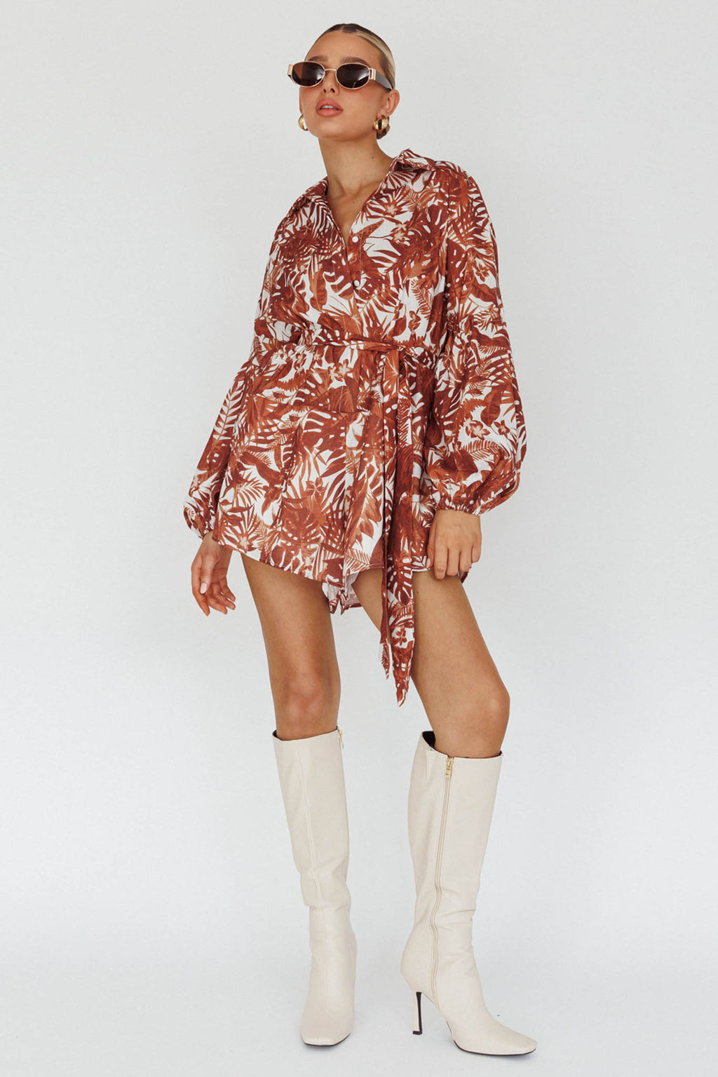 Talking Point Long Sleeve Shirt Romper Leaves Brown by Selfie Leslie Australia
