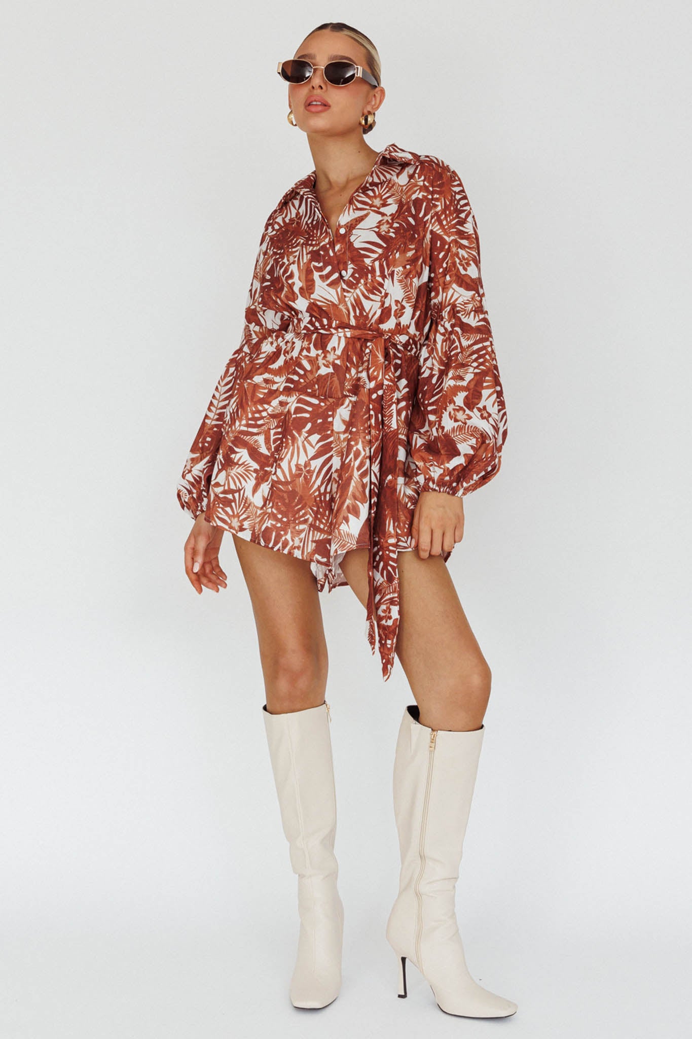 Talking Point Long Sleeve Shirt Romper Leaves Brown by Selfie Leslie Australia