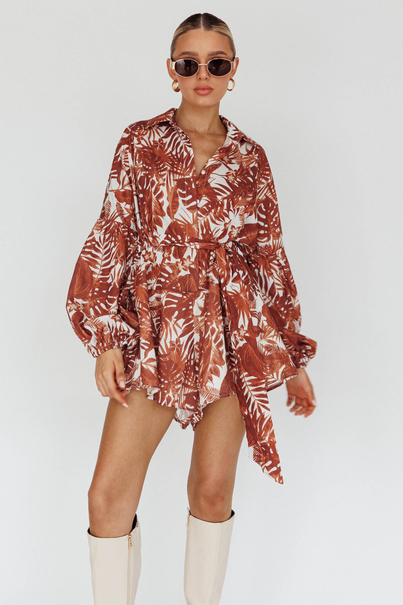 Talking Point Long Sleeve Shirt Romper Leaves Brown by Selfie Leslie Australia