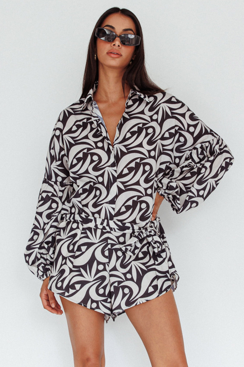 Daytona Beach Long Sleeve Shirt Romper Print Black by Selfie Leslie Australia