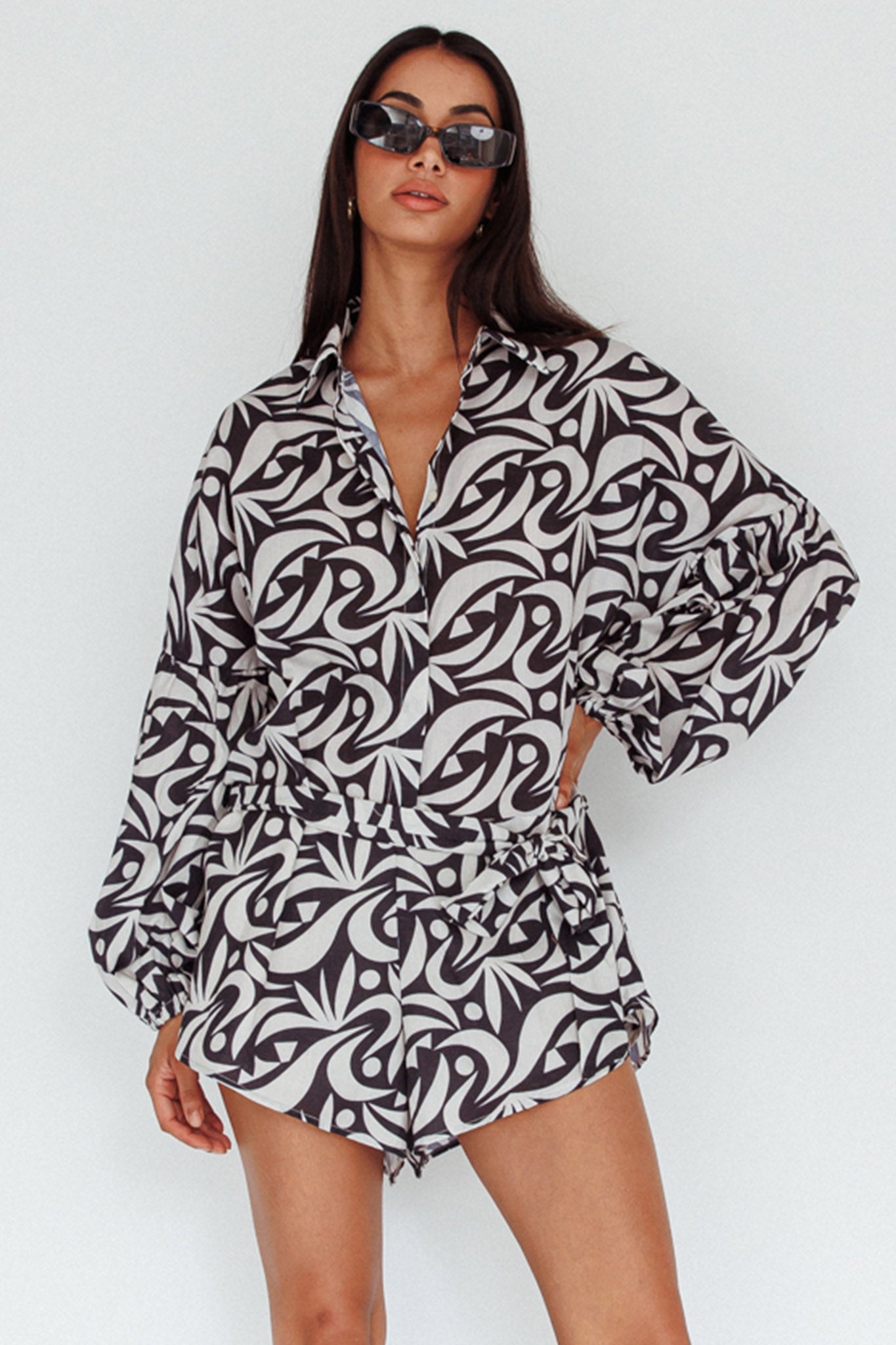 Daytona Beach Long Sleeve Shirt Romper Print Black by Selfie Leslie Australia