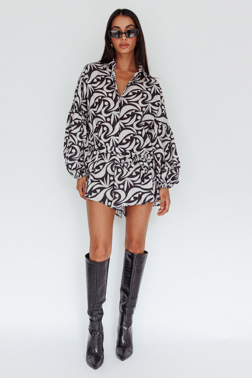 Daytona Beach Long Sleeve Shirt Romper Print Black by Selfie Leslie Australia