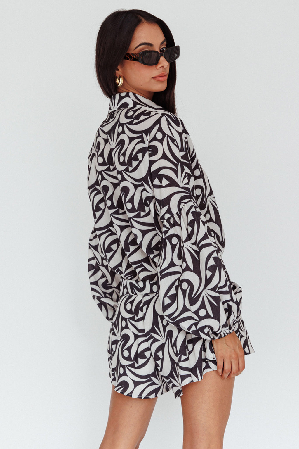 Daytona Beach Long Sleeve Shirt Romper Print Black by Selfie Leslie Australia