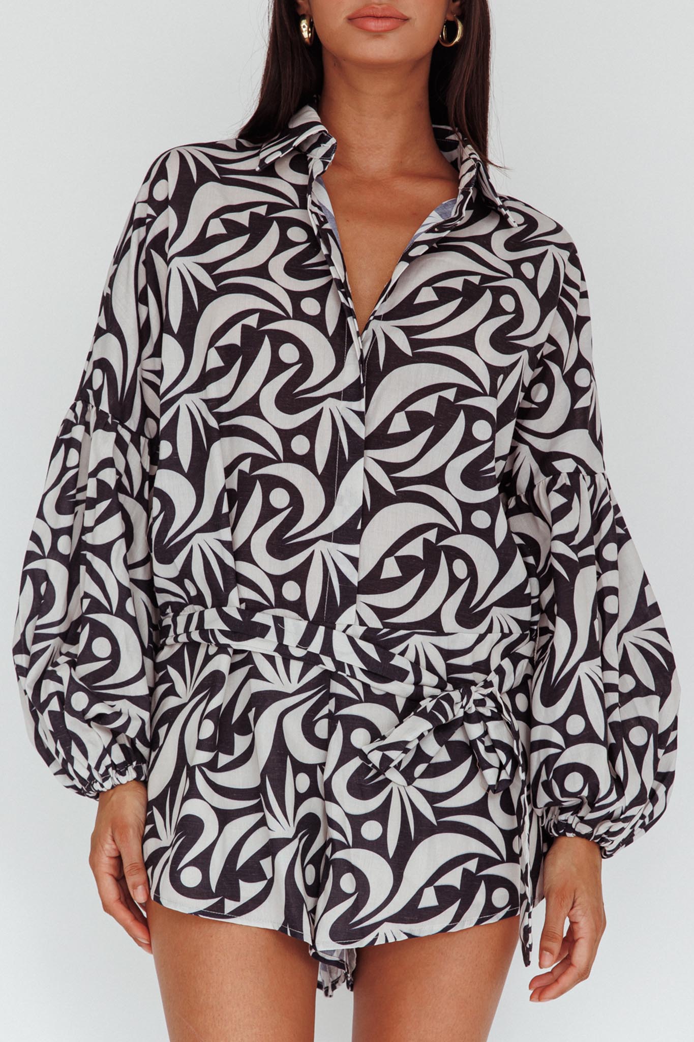 Daytona Beach Long Sleeve Shirt Romper Print Black by Selfie Leslie Australia