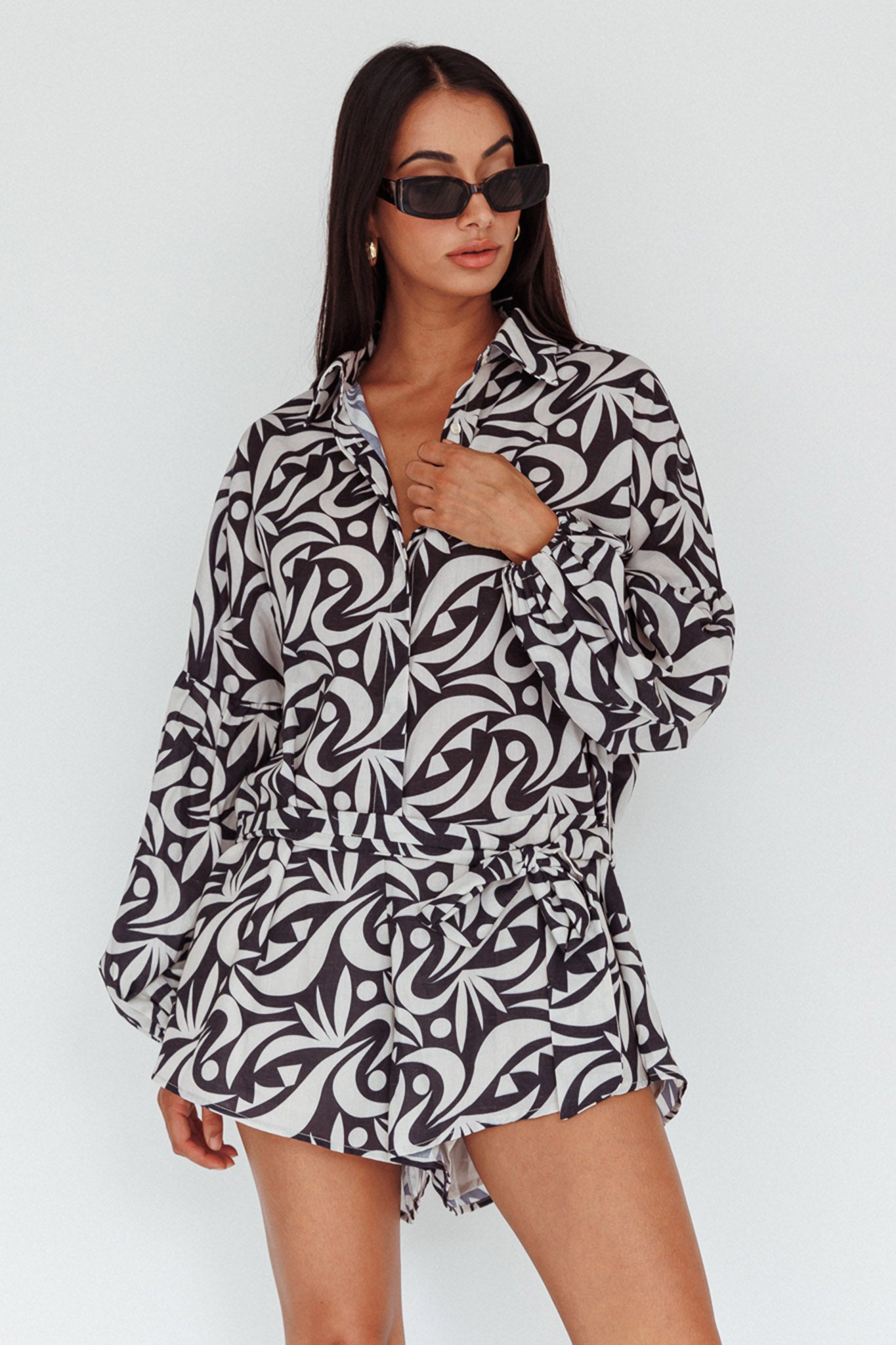 Daytona Beach Long Sleeve Shirt Romper Print Black by Selfie Leslie Australia