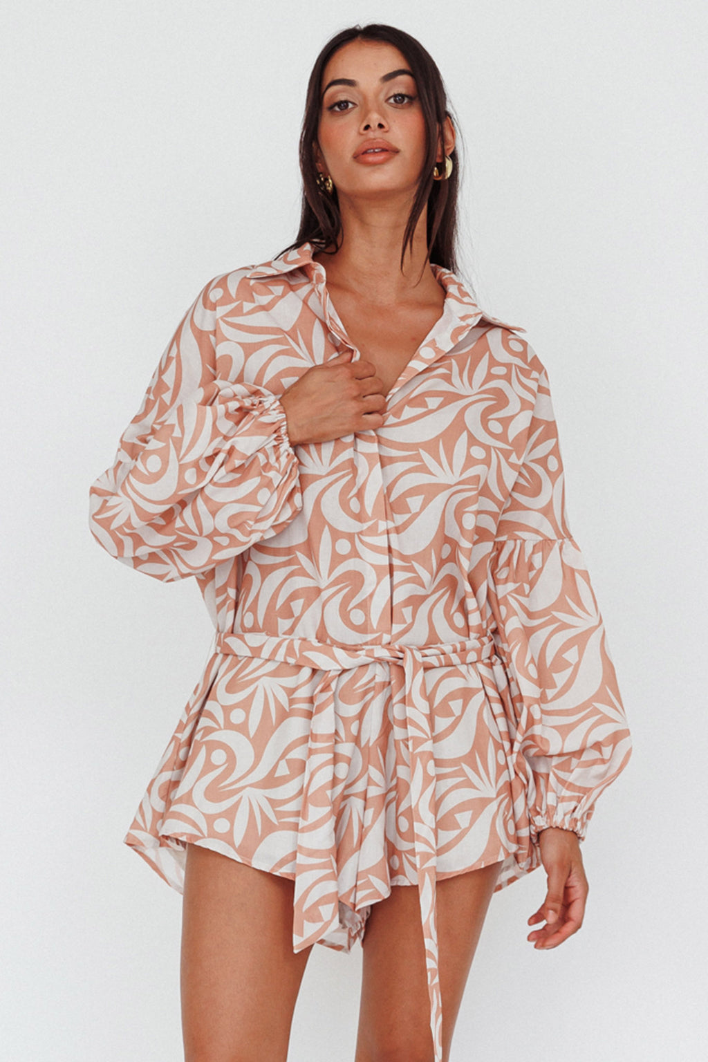 Daytona Beach Long Sleeve Shirt Romper Print Peach by Selfie Leslie Australia