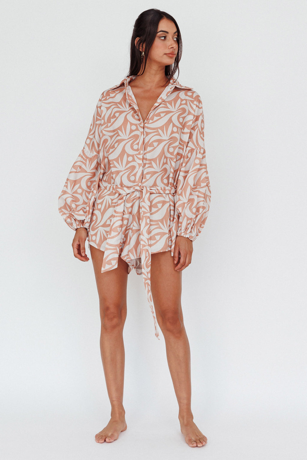 Daytona Beach Long Sleeve Shirt Romper Print Peach by Selfie Leslie Australia