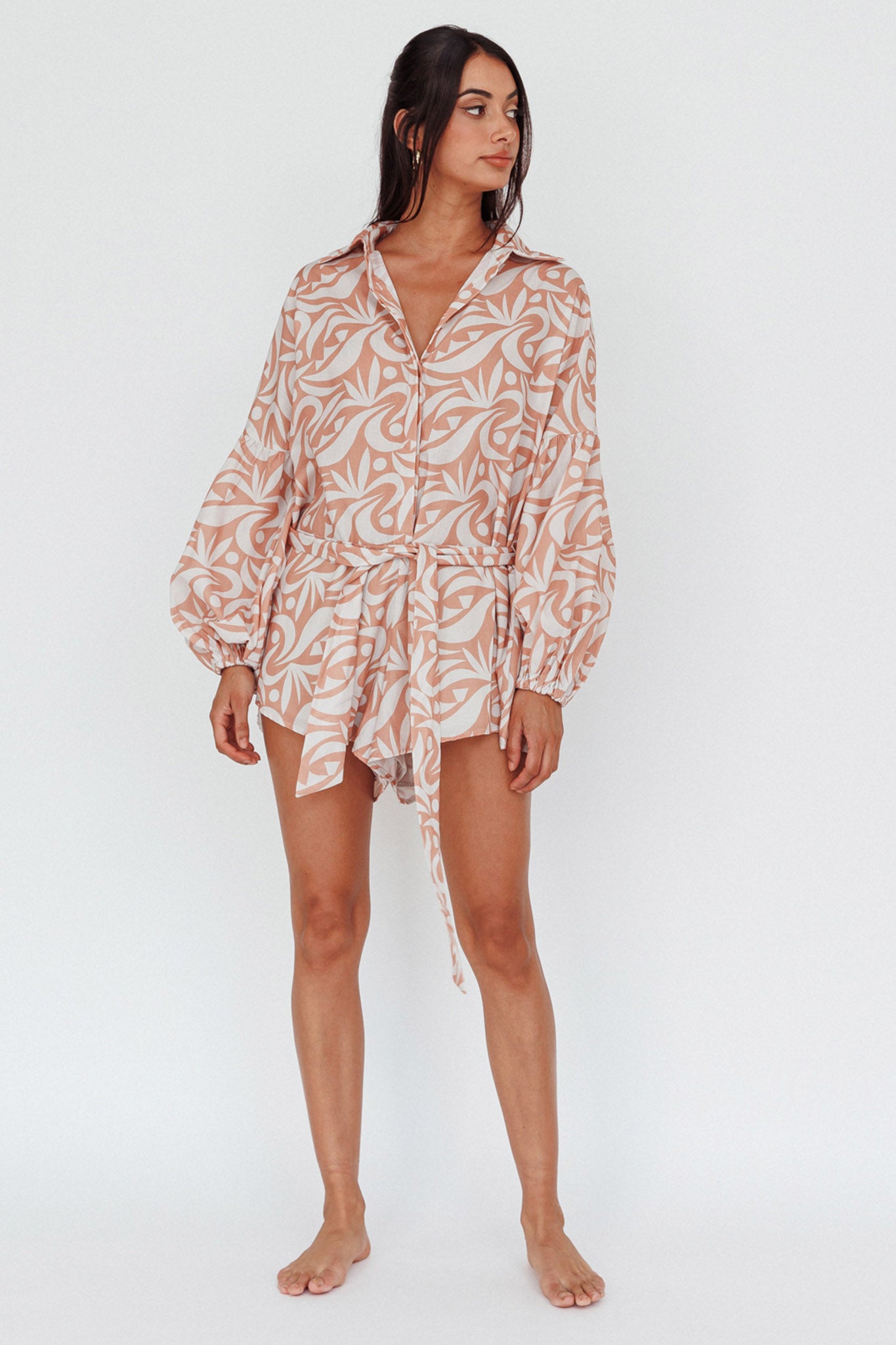 Daytona Beach Long Sleeve Shirt Romper Print Peach by Selfie Leslie Australia