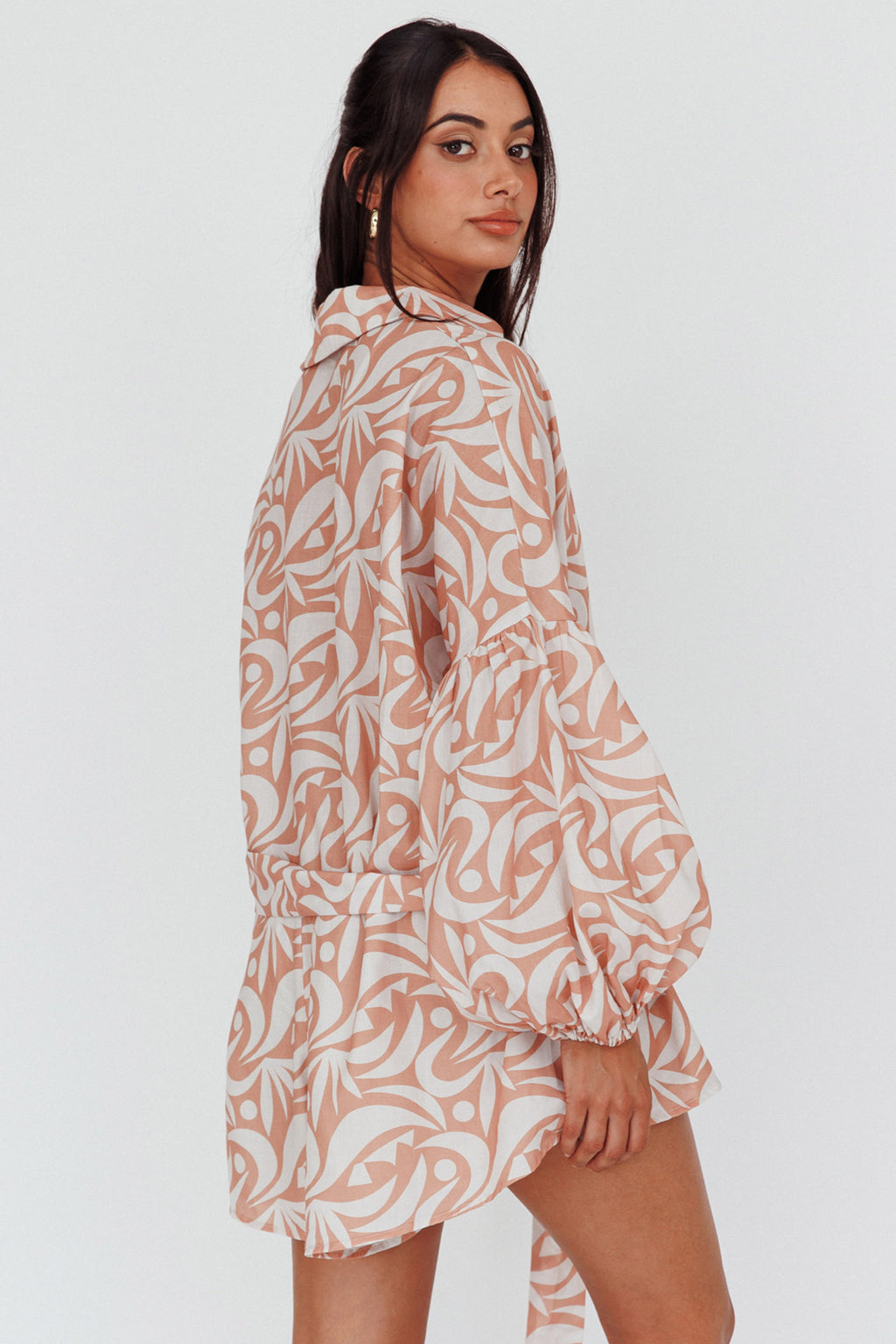 Daytona Beach Long Sleeve Shirt Romper Print Peach by Selfie Leslie Australia