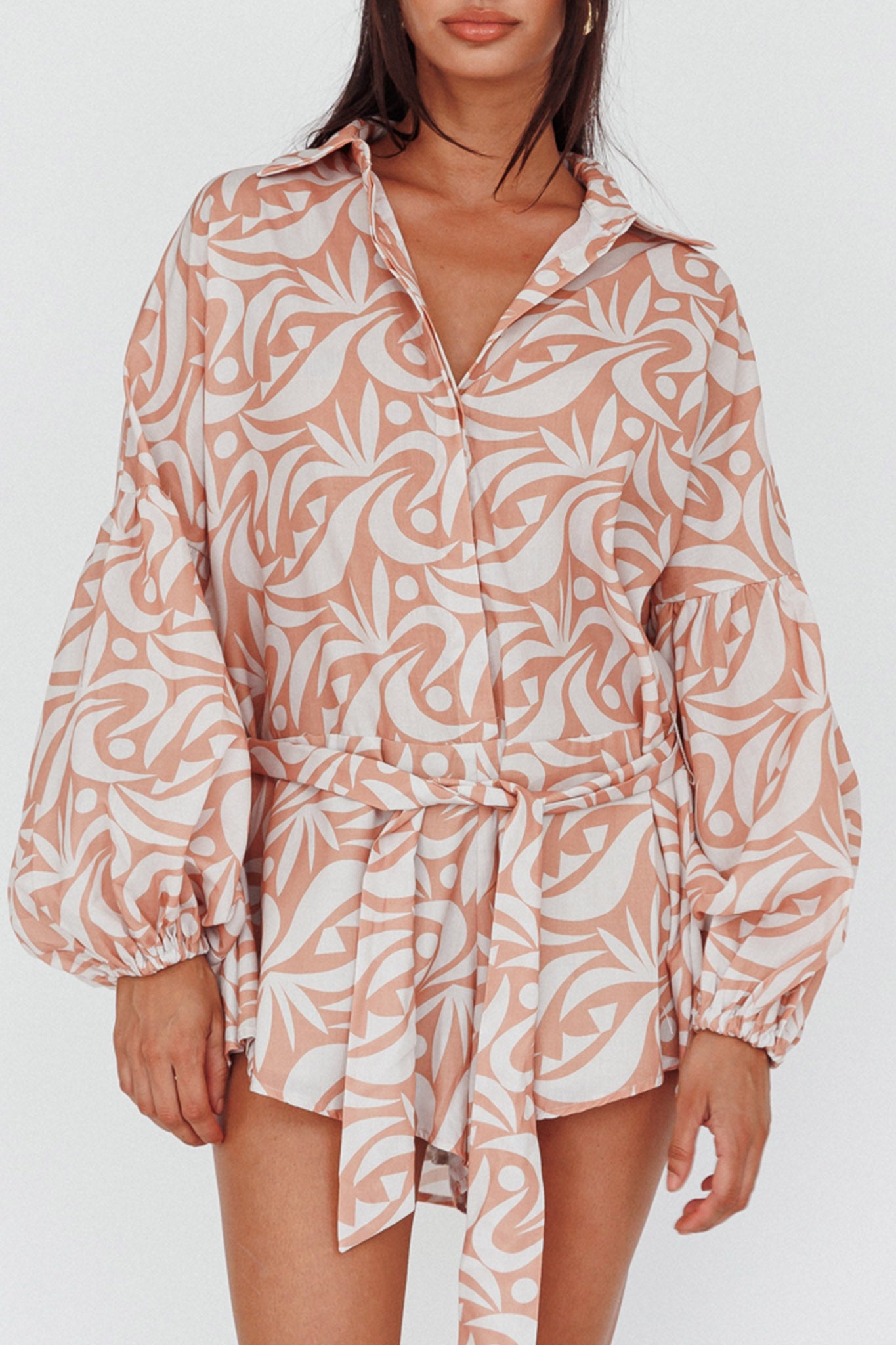 Daytona Beach Long Sleeve Shirt Romper Print Peach by Selfie Leslie Australia