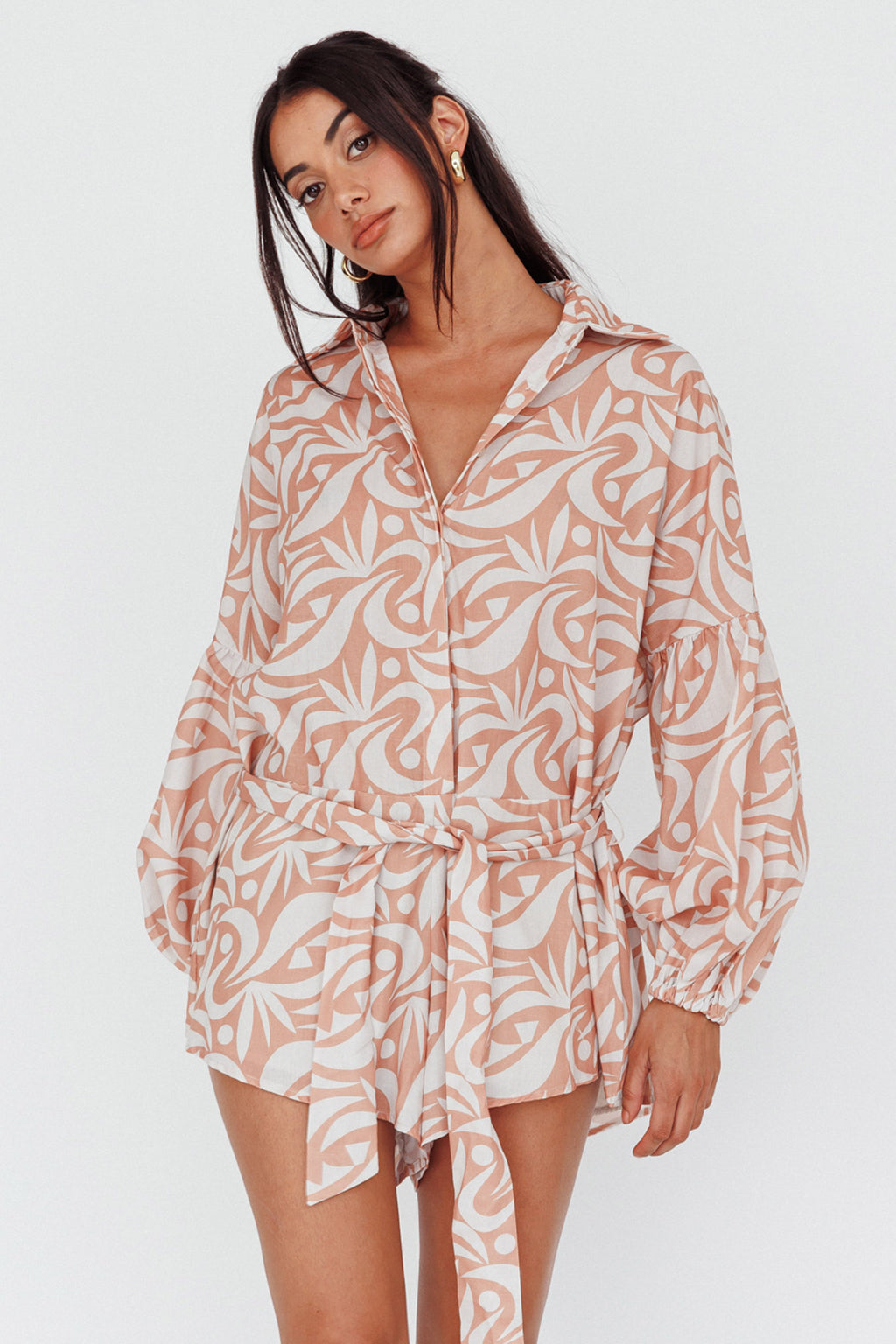 Daytona Beach Long Sleeve Shirt Romper Print Peach by Selfie Leslie Australia