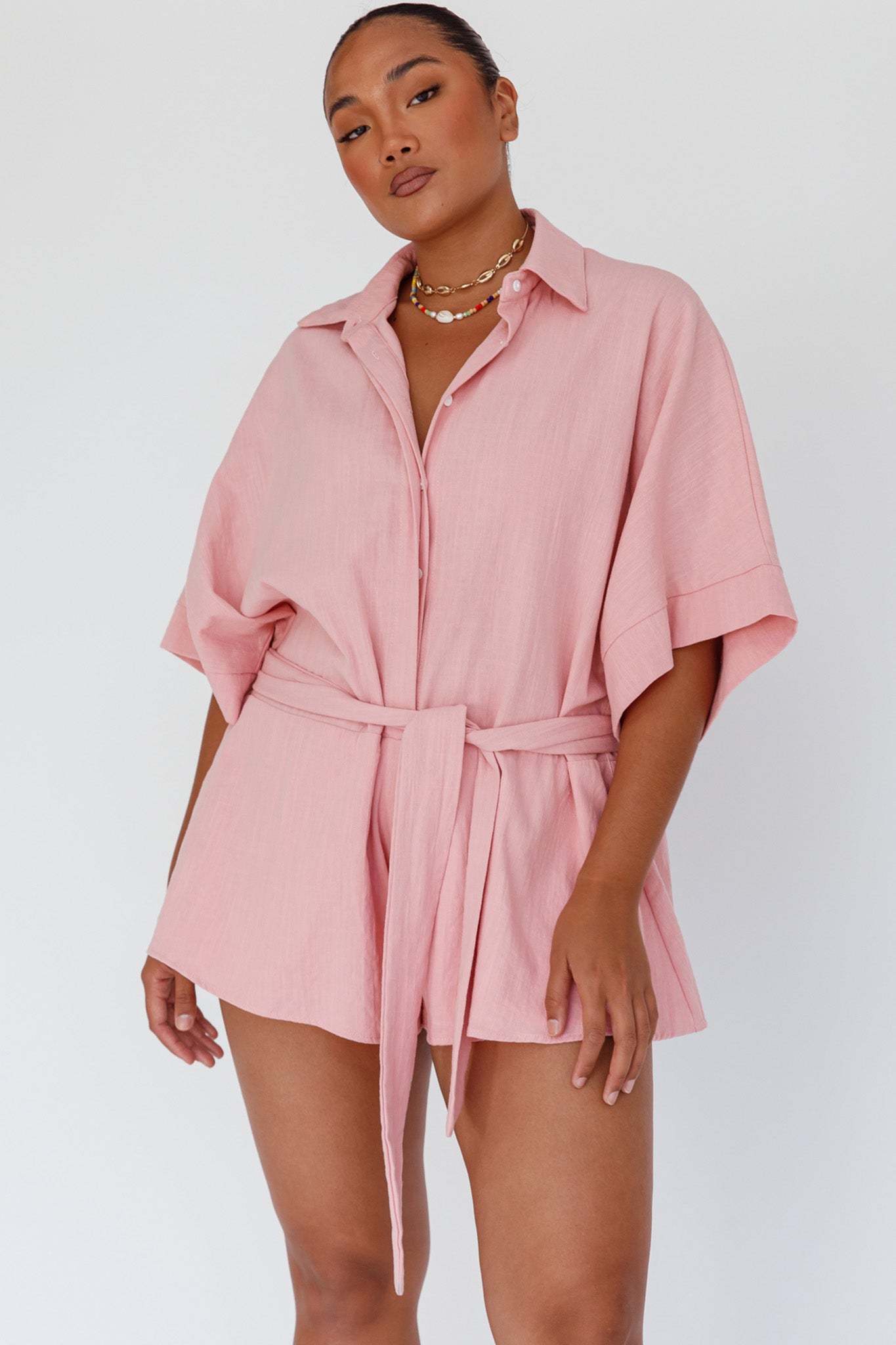 Daytona Beach Button-Up Romper Pink by Selfie Leslie Australia