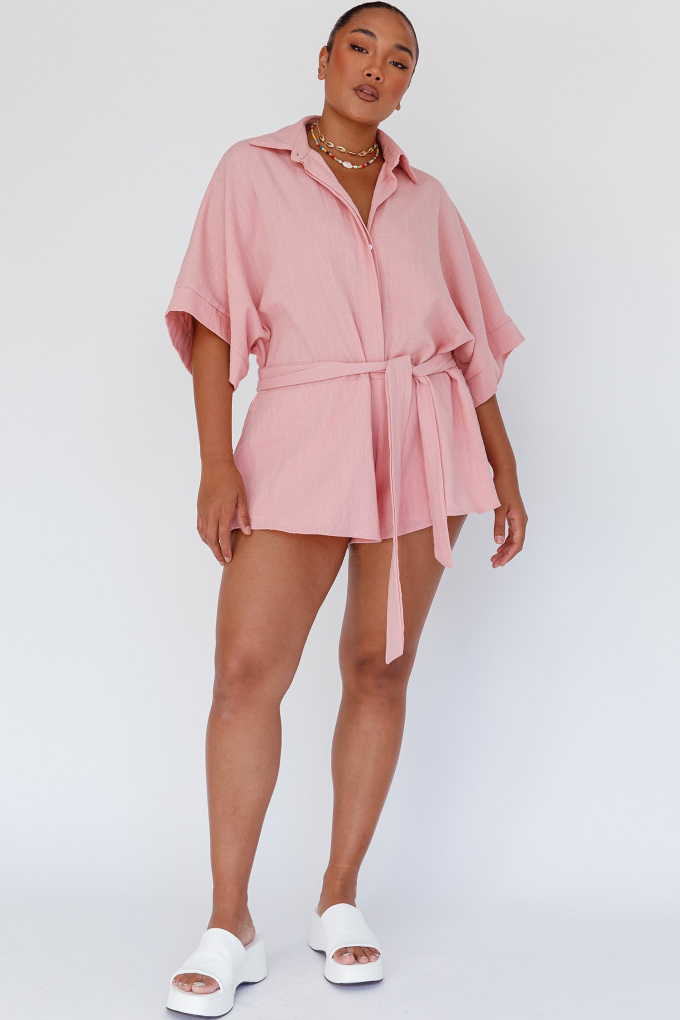 Daytona Beach Button-Up Romper Pink by Selfie Leslie Australia