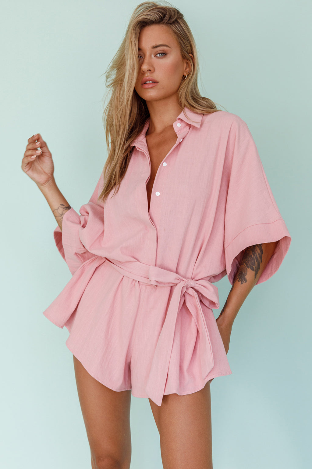 Daytona Beach Button-Up Romper Pink by Selfie Leslie Australia