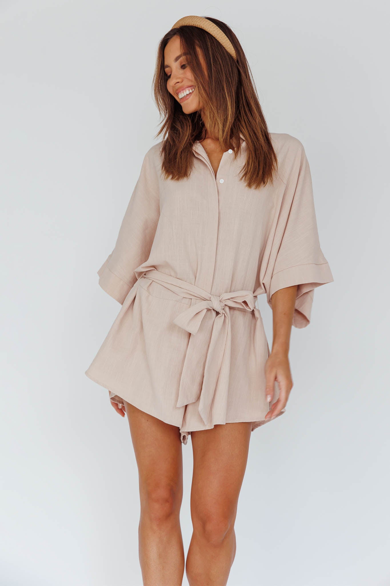 Daytona Beach Button-Up Romper Sand by Selfie Leslie Australia