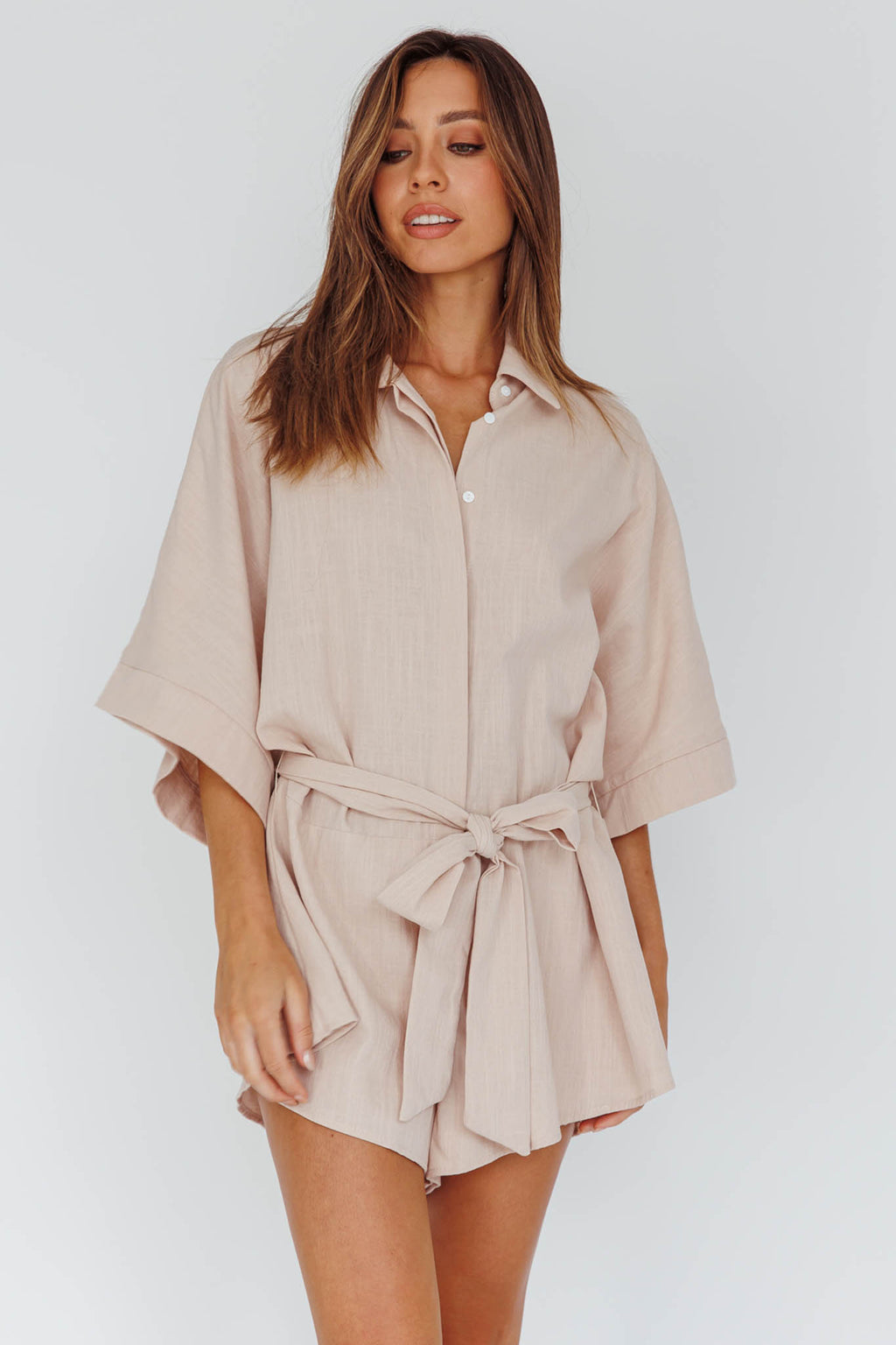 Daytona Beach Button-Up Romper Sand by Selfie Leslie Australia